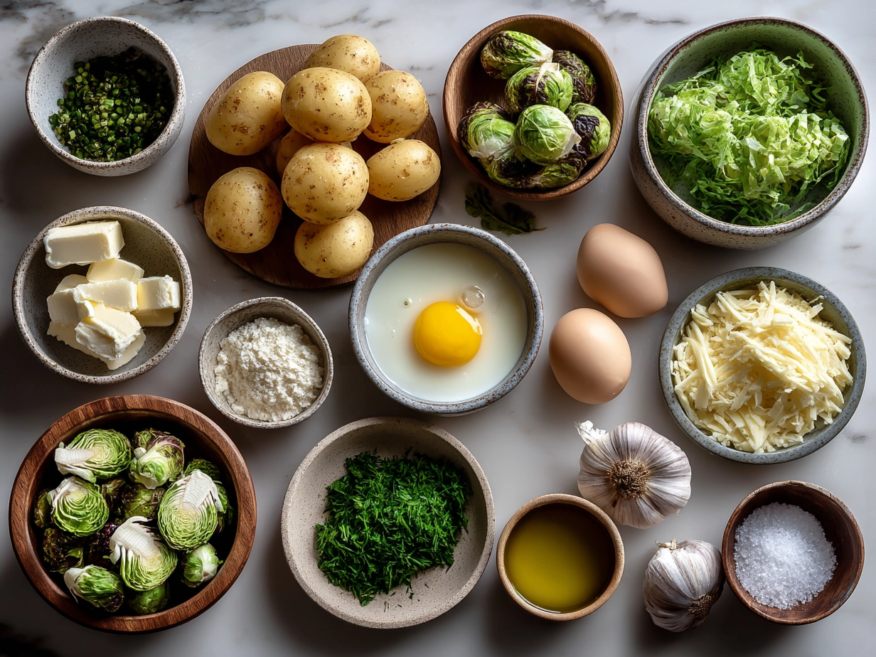 Ingredients for Irish Colcannon including potatoes, cabbage, butter, scallions, and milk
