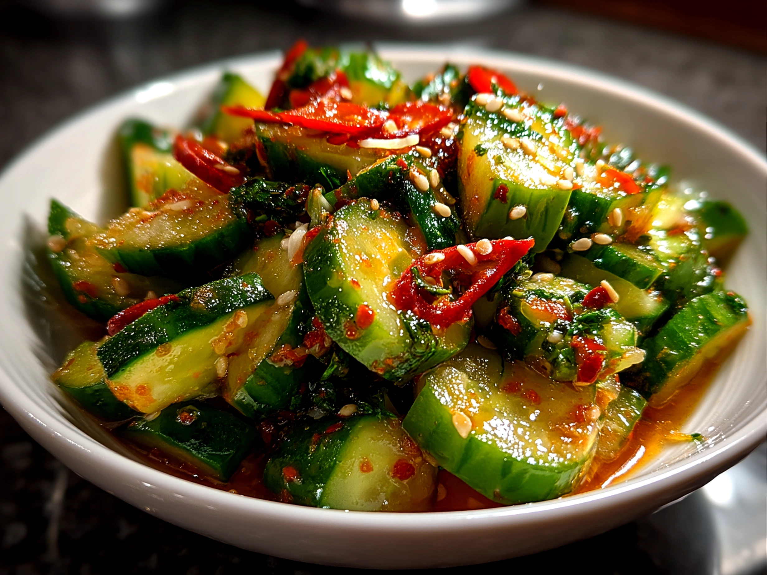 Freshly made Korean Cucumber Salad served as a side dish in a small white bowl garnished with sesame seeds.