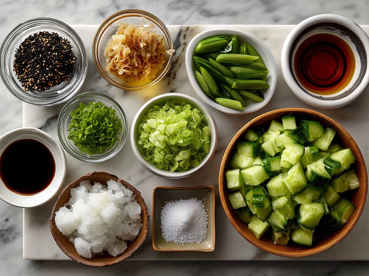 Fresh ingredients for Korean Cucumber Salad including cucumbers, gochugaru, garlic, sesame oil, and green onions.