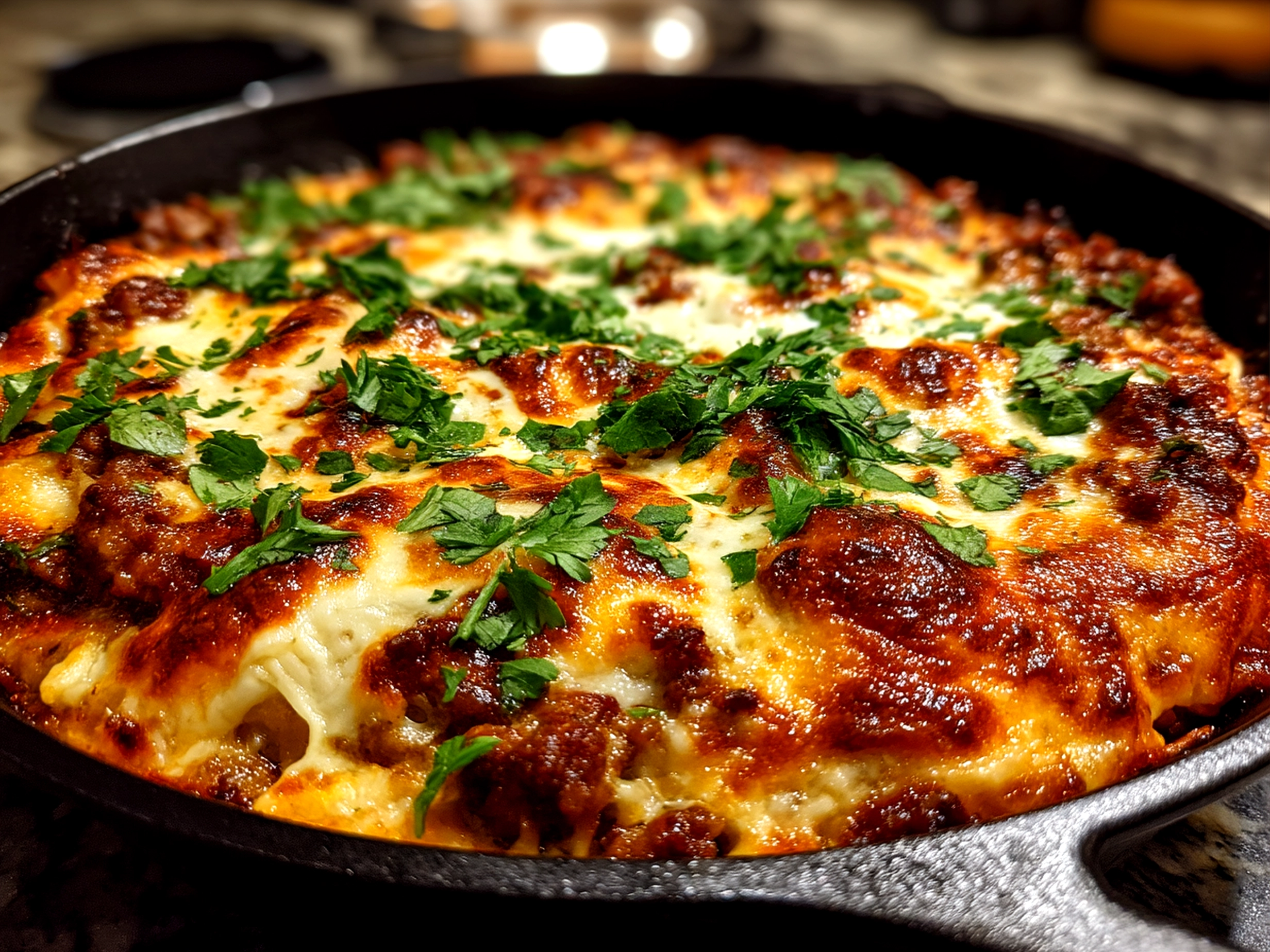 Serving of Lazy Lasagna Skillet with melted cheese and sprinkled herbs, ready to eat