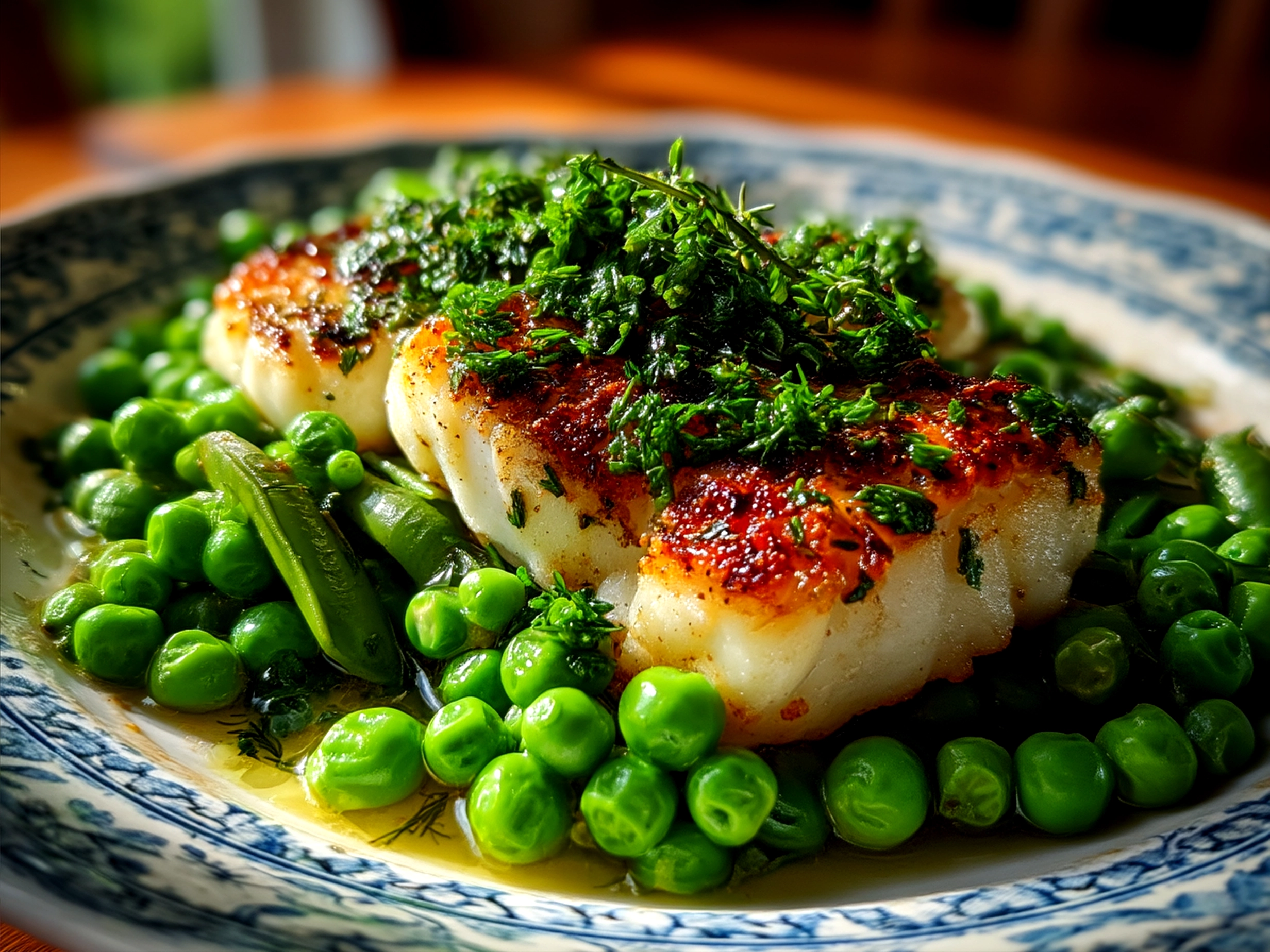 Serving Lemon Garlic Butter Cod with Spring Peas