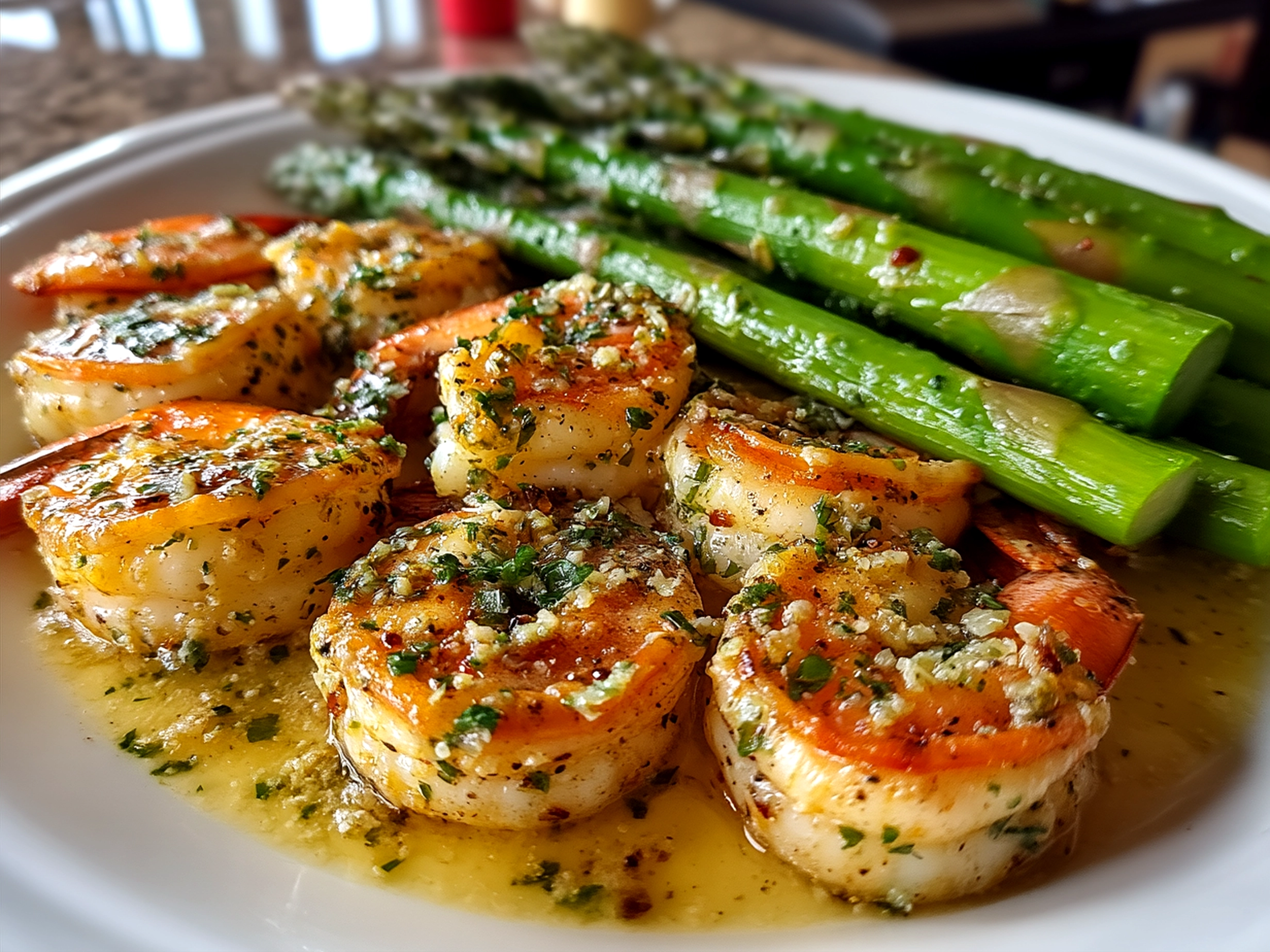 Finished Lemon Garlic Butter Shrimp with Asparagus served on a plate
