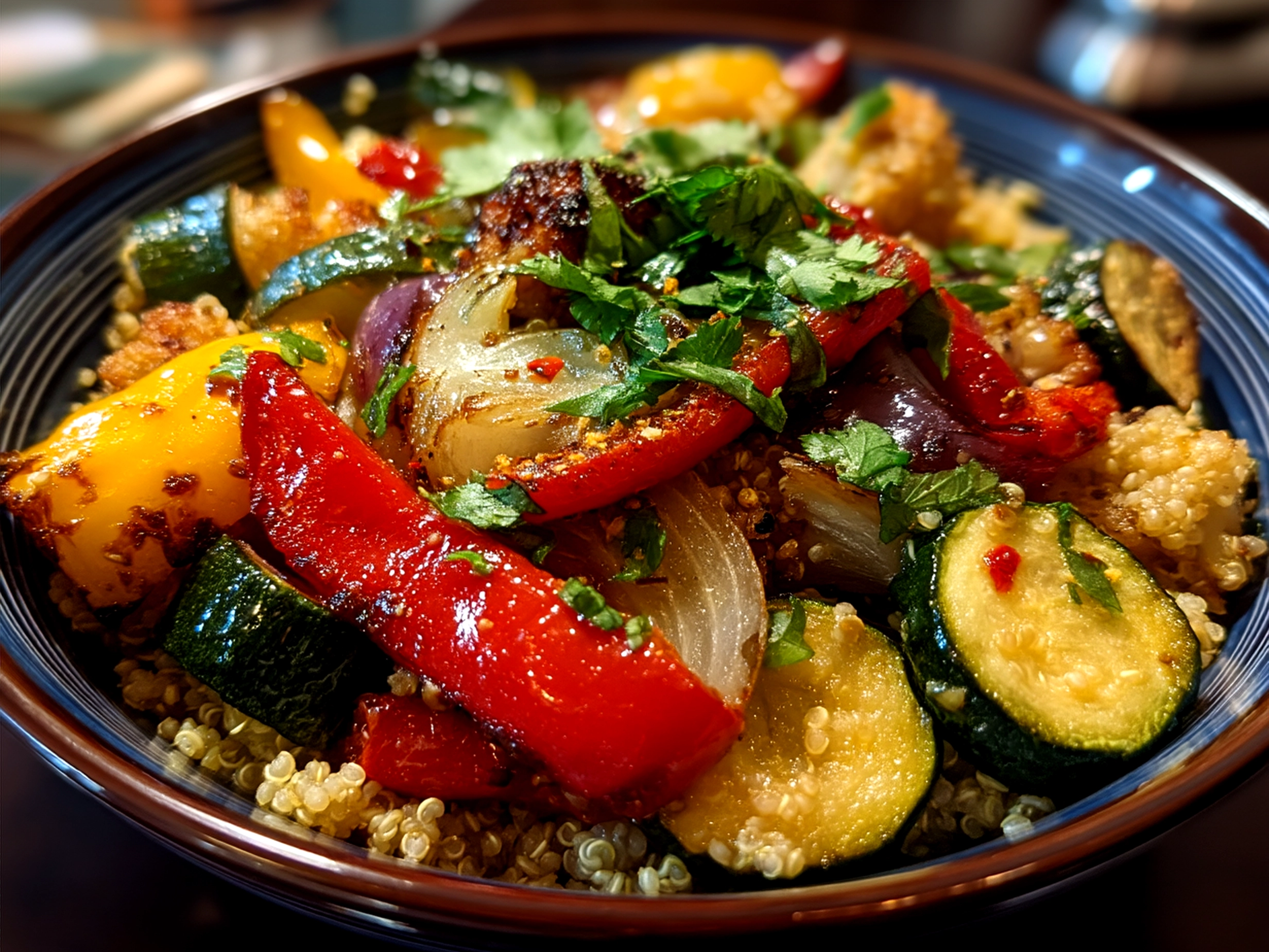 Finished Lemon Herb Quinoa Bowl with Roasted Veggies ready to serve