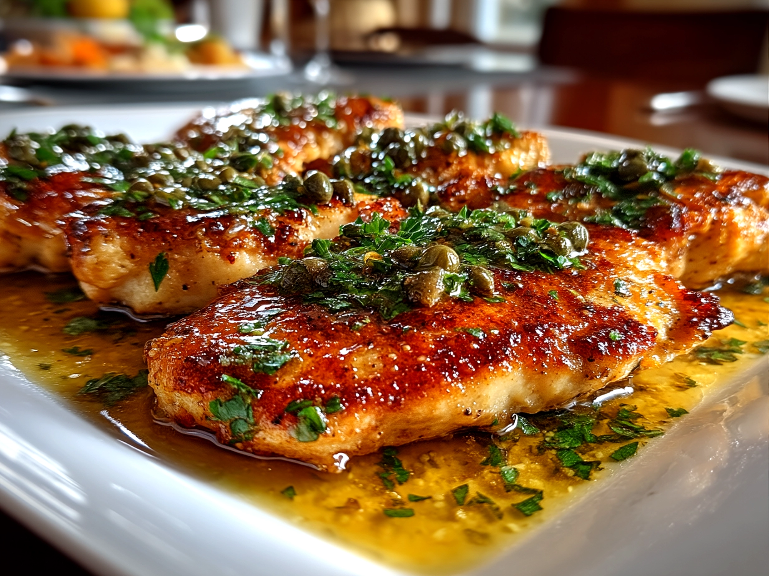 Plated Lightened-Up Chicken Piccata served with parsley garnish and side dishes