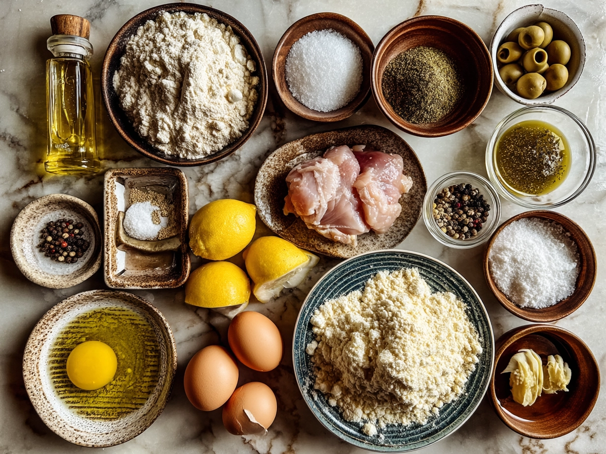 Ingredients for Lightened-Up Chicken Piccata including chicken breasts, flour, lemons, garlic, and capers
