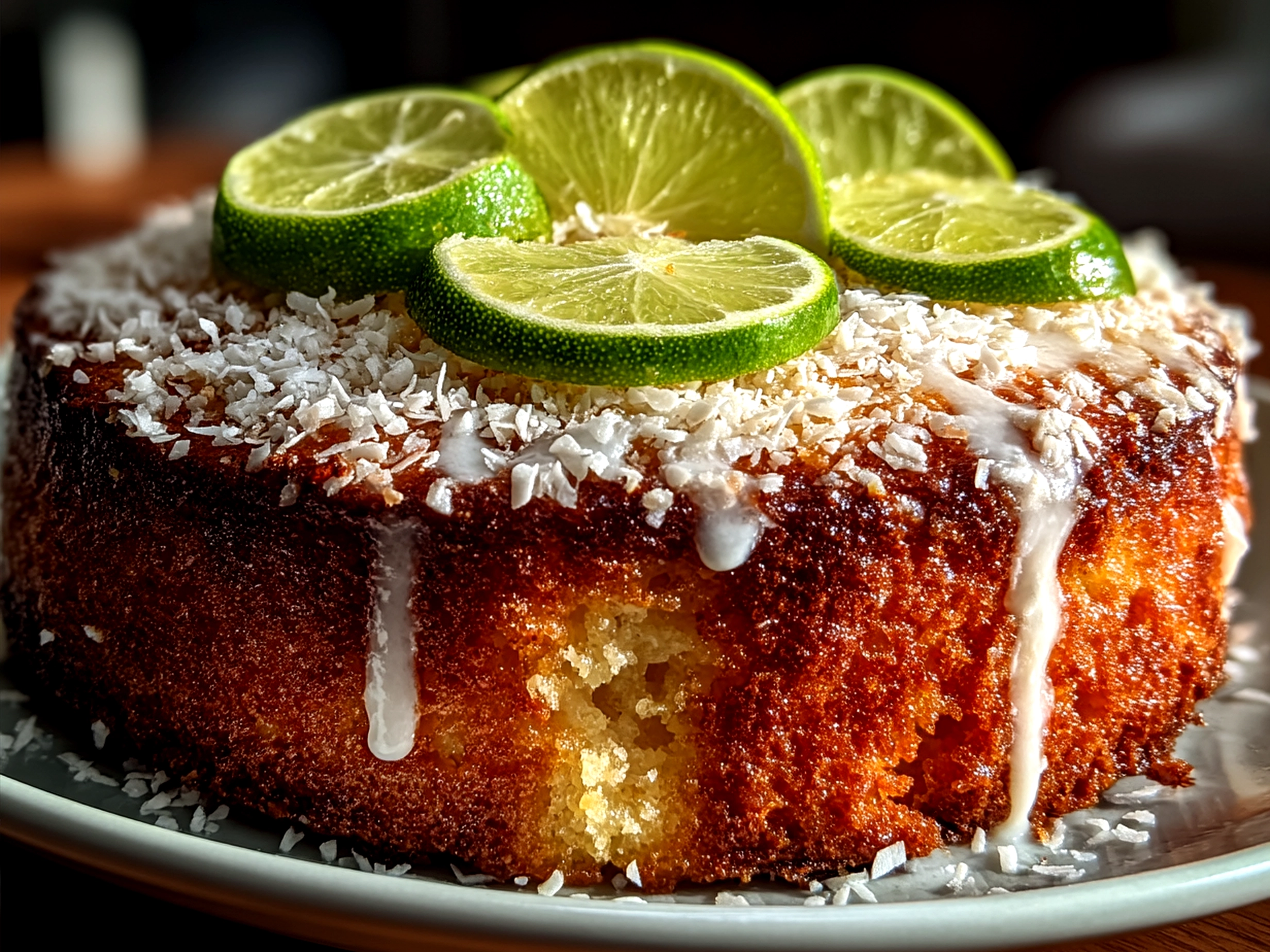 Serving of lime and coconut fish-shaped cake with frosting and tropical fruit