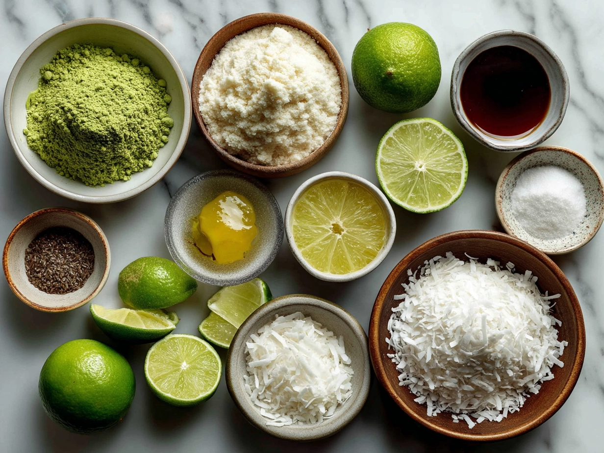 Ingredients for Lime and Coconut Pisces Cake including flour, shredded coconut, eggs, lime zest, and coconut milk