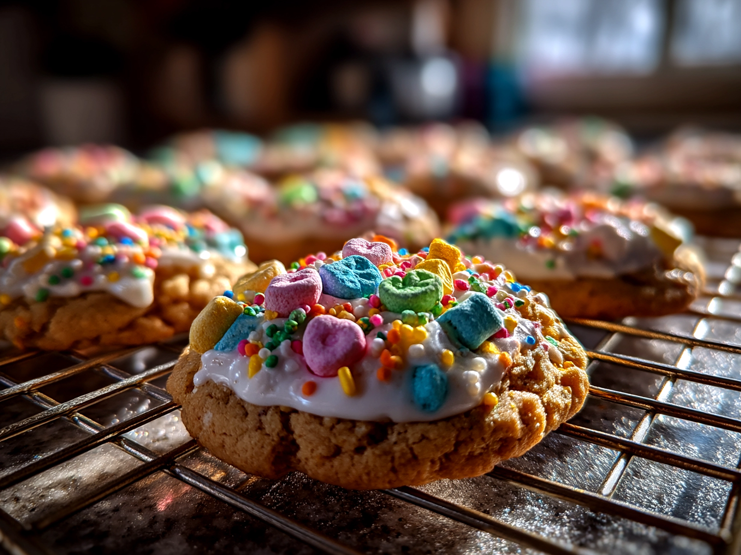 A plate of freshly baked Lucky Charms Cookies with colorful marshmallows