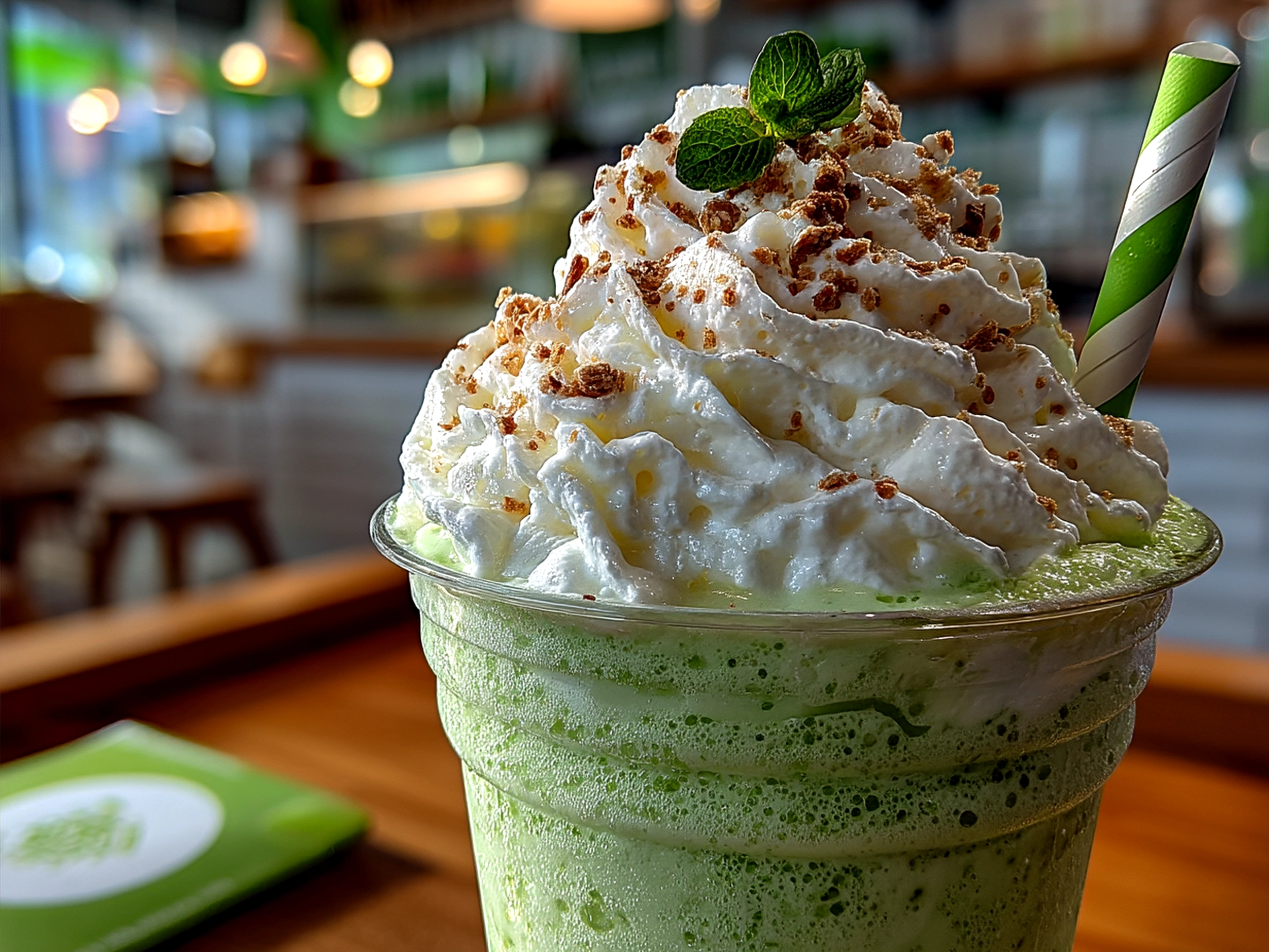 A tall glass filled with Lucky Green Shamrock Shake topped with whipped cream and a cherry.