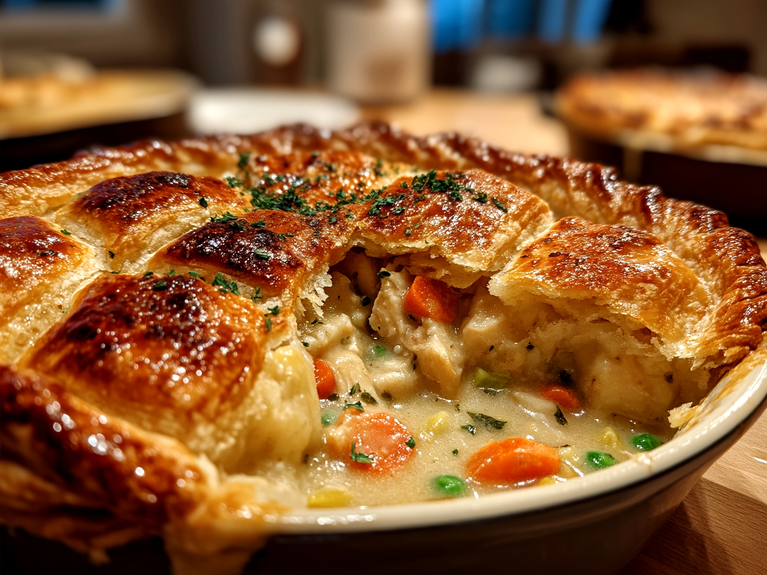 Freshly baked Old-Fashioned Chicken Pot Pie served on a plate