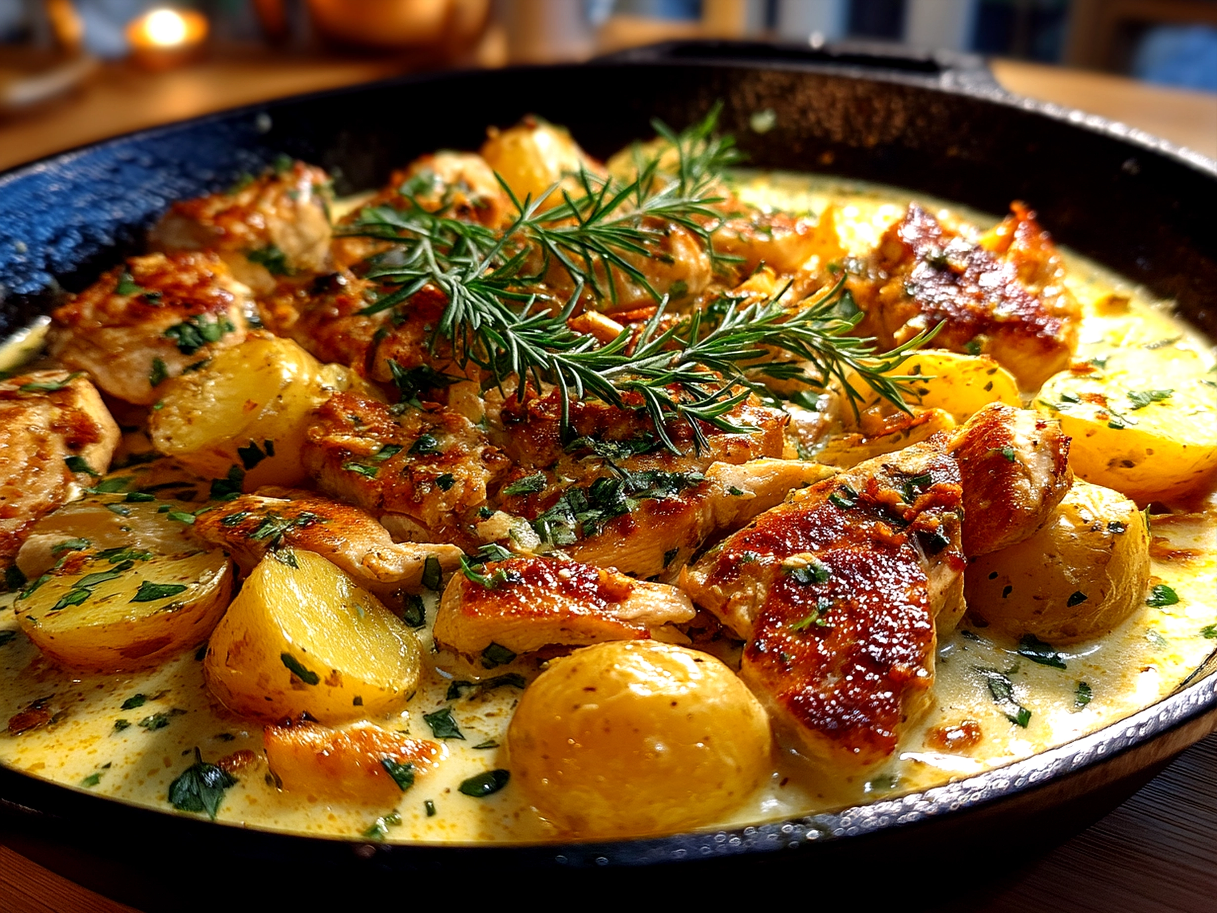 Finished One-Pan Creamy Garlic Butter Chicken Potatoes plated and ready to serve