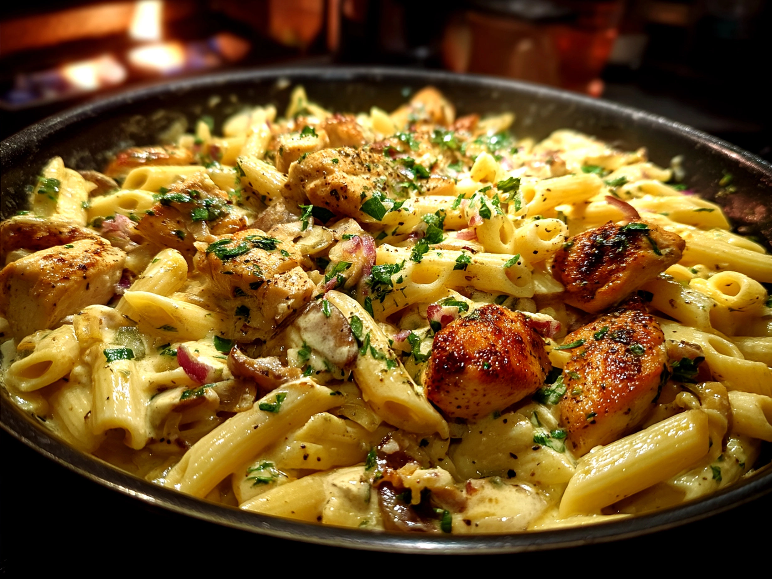 A bowl of One-Pot Creamy Cajun Chicken Pasta garnished with parsley