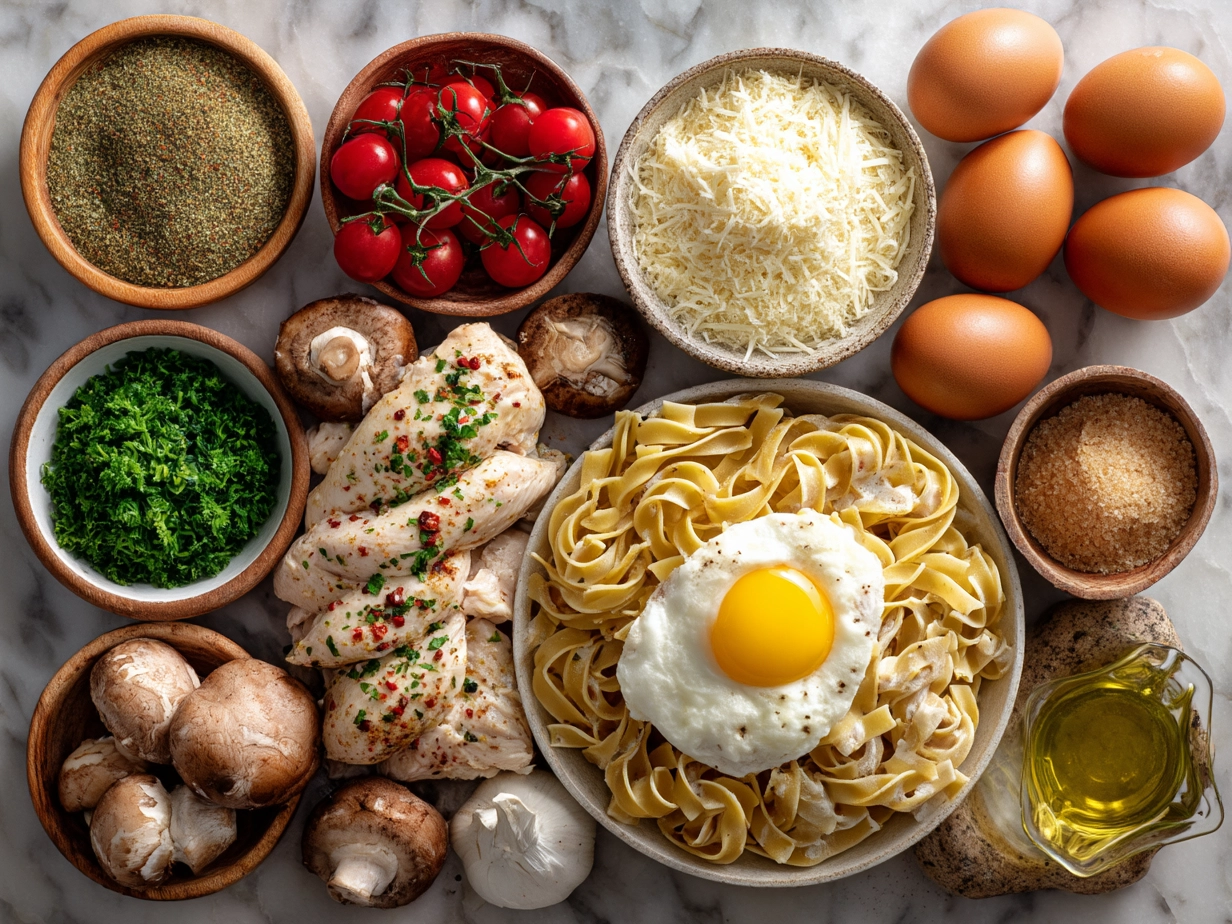 Ingredients for One-Pot Creamy Cajun Chicken Pasta including chicken, pasta, peppers, and spices