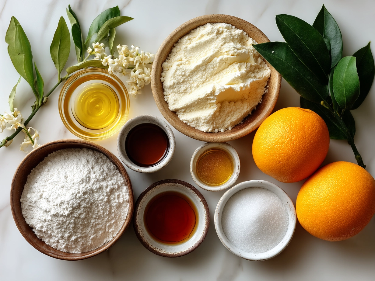 Ingredients laid out for Orange Blossom Pisces Cake, including flour, spices, butter, eggs, and orange zest