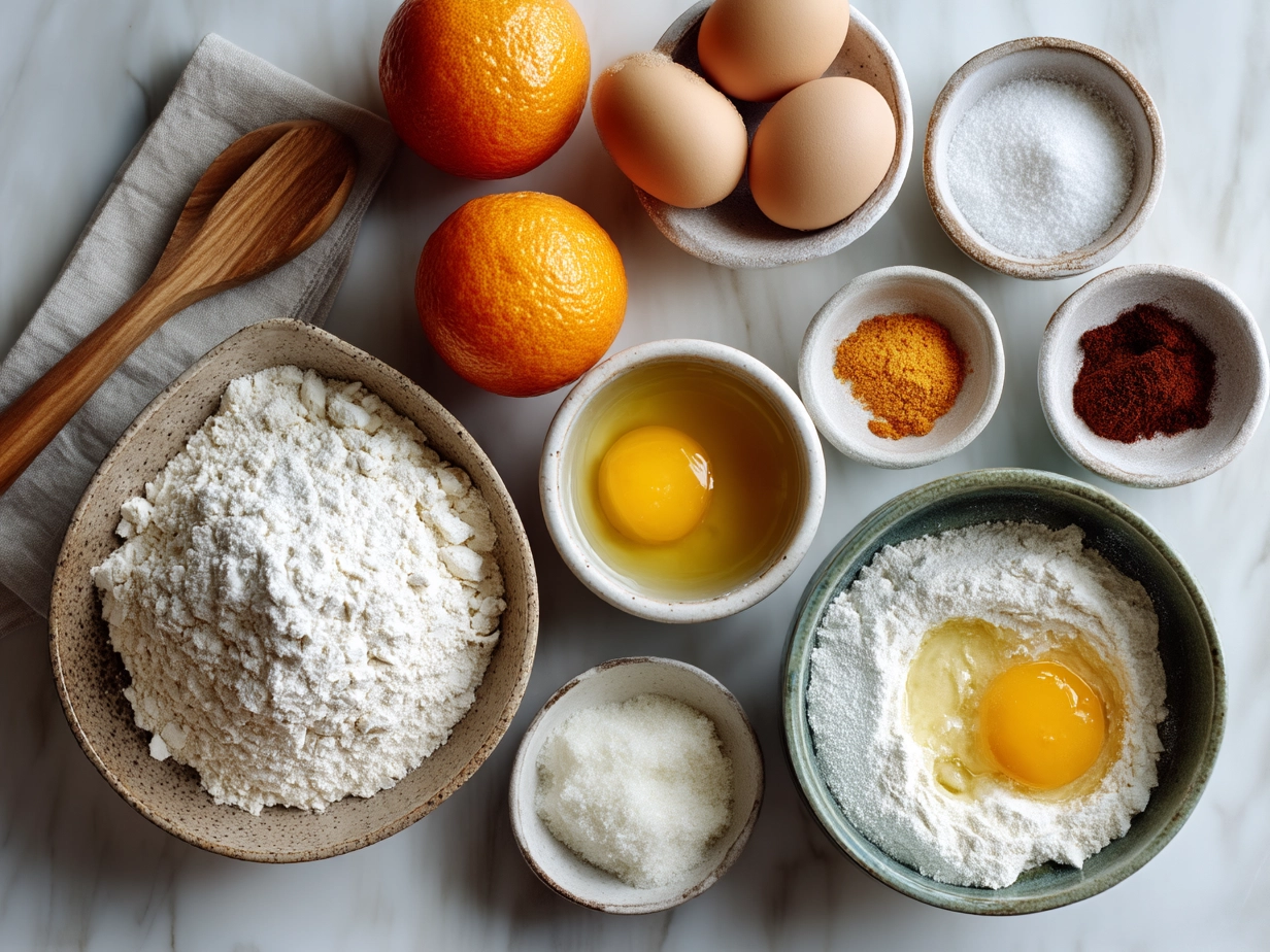 Ingredients for Orange Rolls including flour, eggs, oranges and yeast