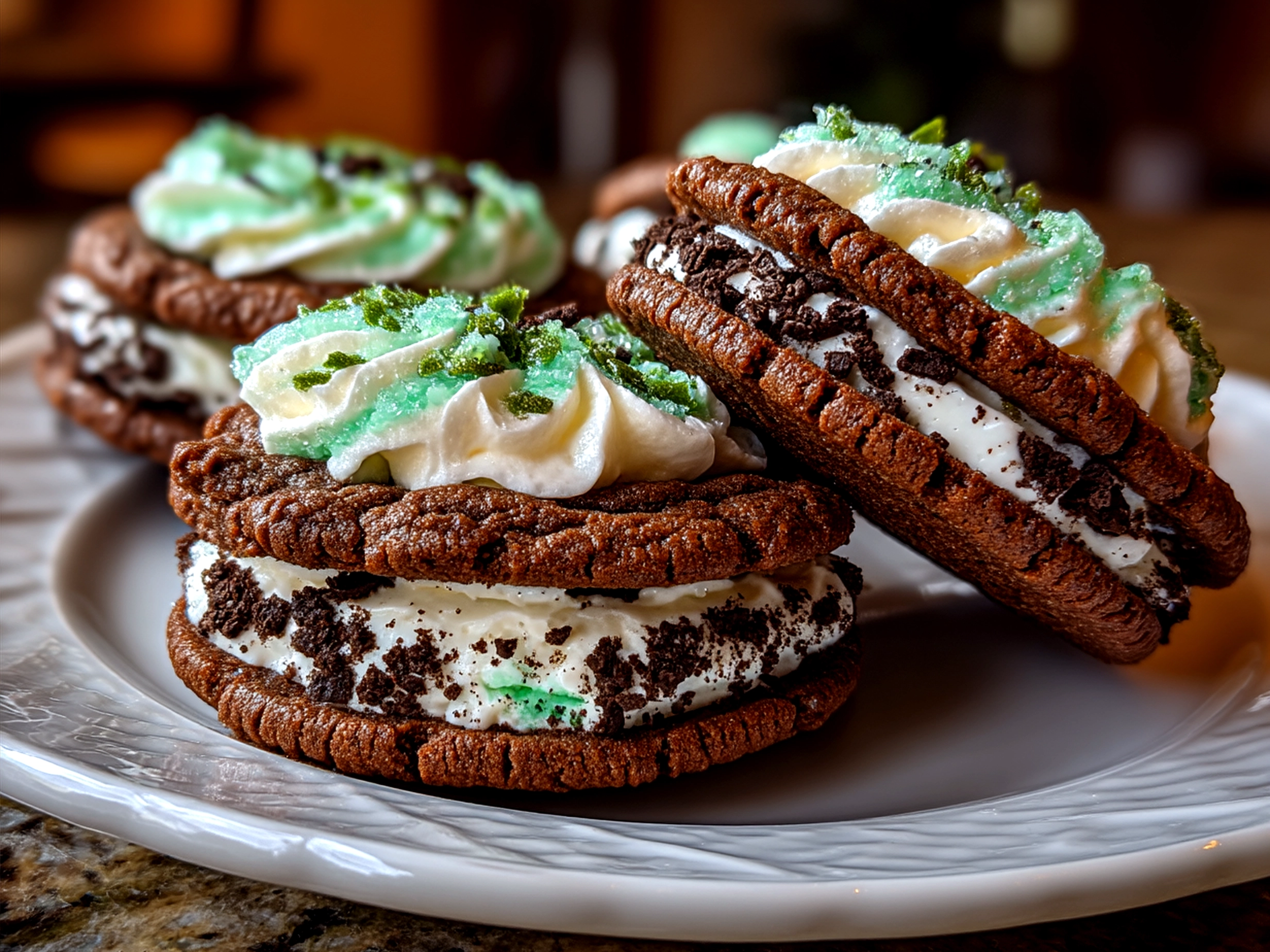 Freshly baked Oreo Shamrock Shake Cookies on cooling rack ready to serve