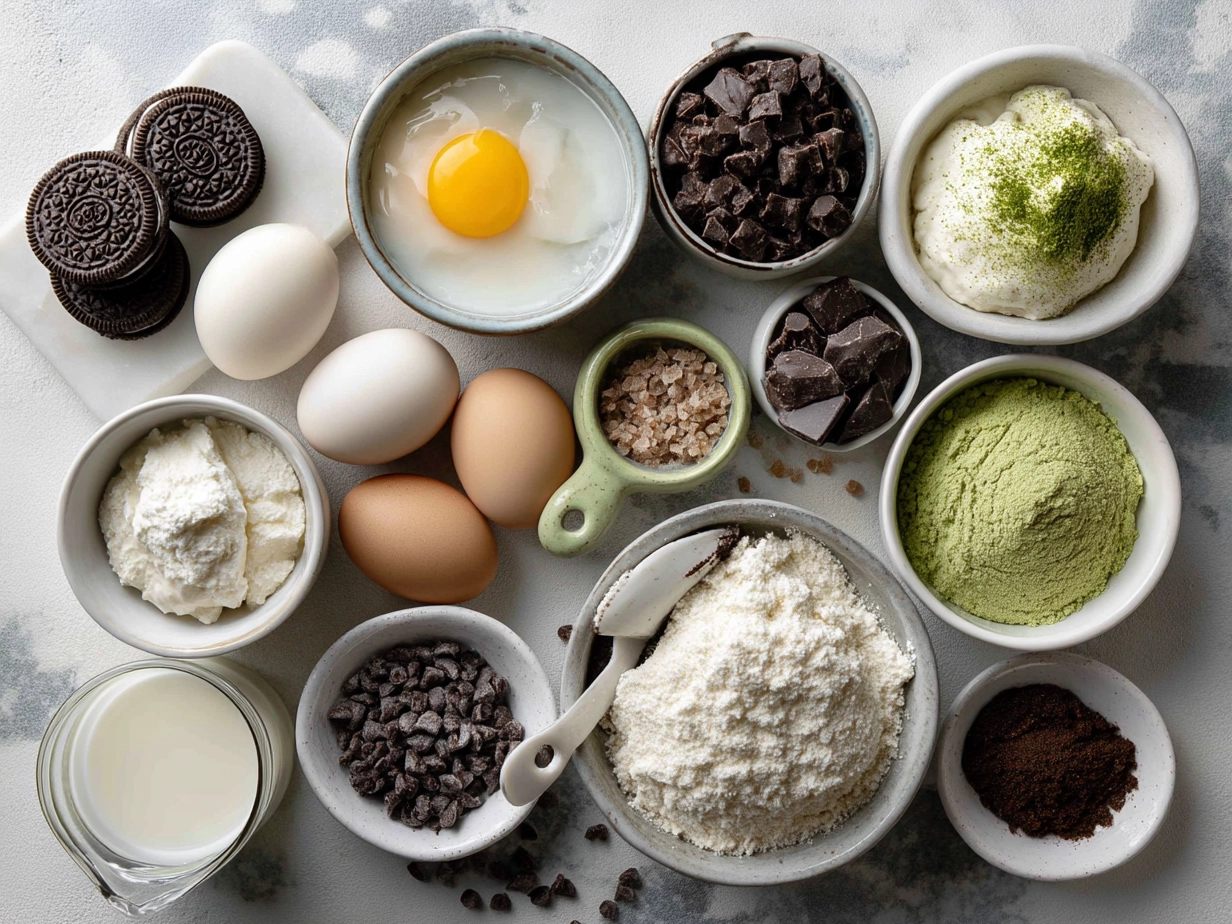 Ingredients for Oreo Shamrock Shake Cookies including butter, sugars, eggs, flour, mint Oreos and white chocolate chips