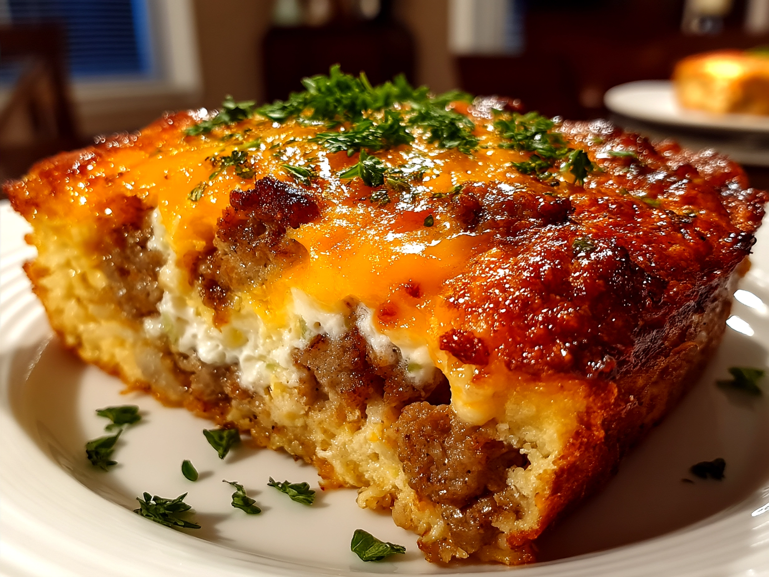 Served Overnight Breakfast Casserole with Sausage Cheese