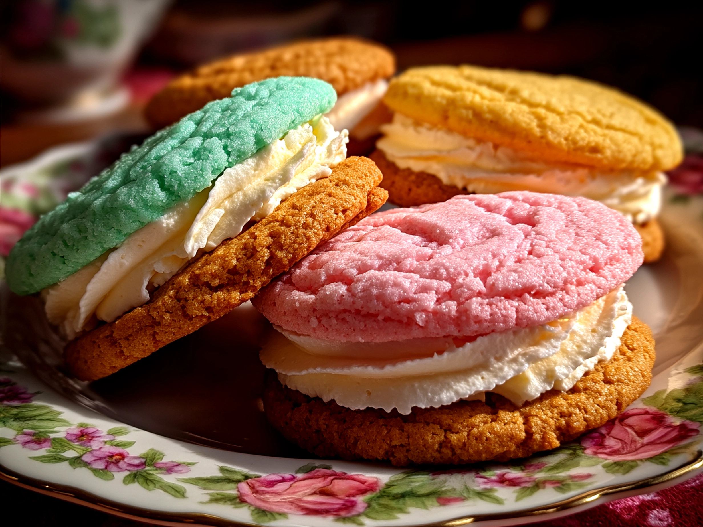 Colorful pastel sugar cookie sandwiches displayed on a white plate, perfect for spring celebrations.