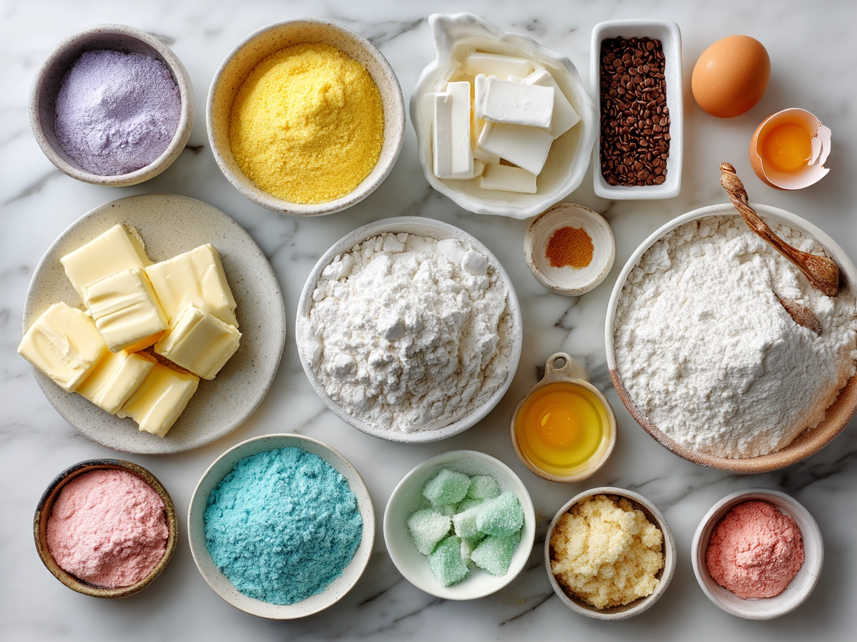 Ingredients for making pastel sugar cookie sandwiches including flour, sugar, butter, food coloring, and vanilla extract.