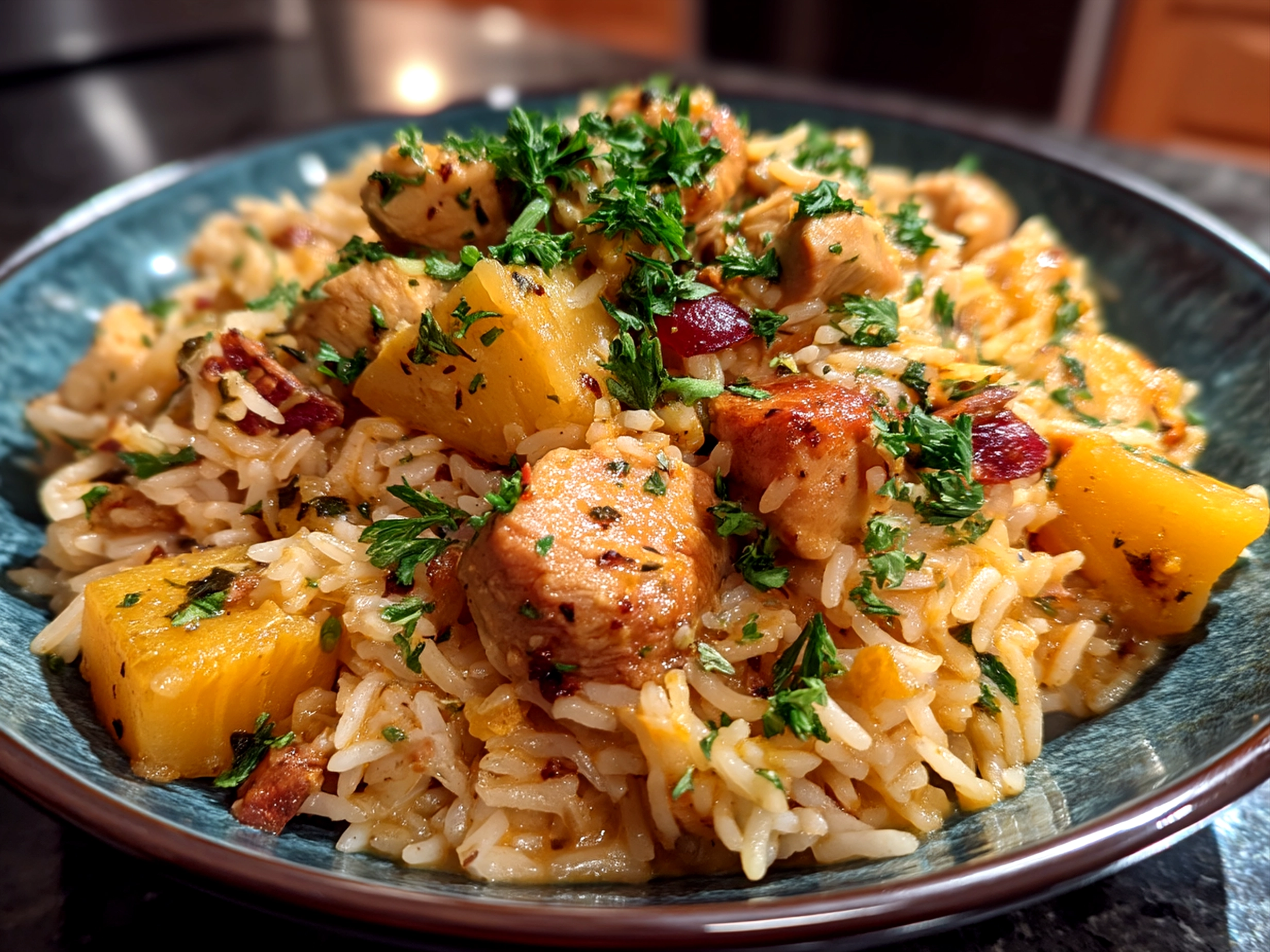 Plated Pineapple chicken and rice served with garnishes