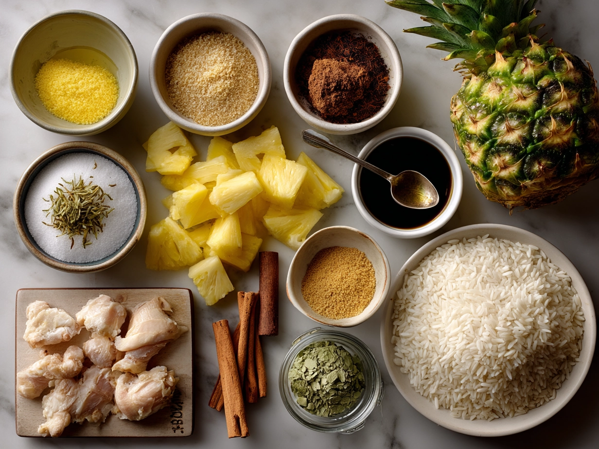 Ingredients for making Pineapple chicken and rice including chicken thighs, rice, pineapple, and spices