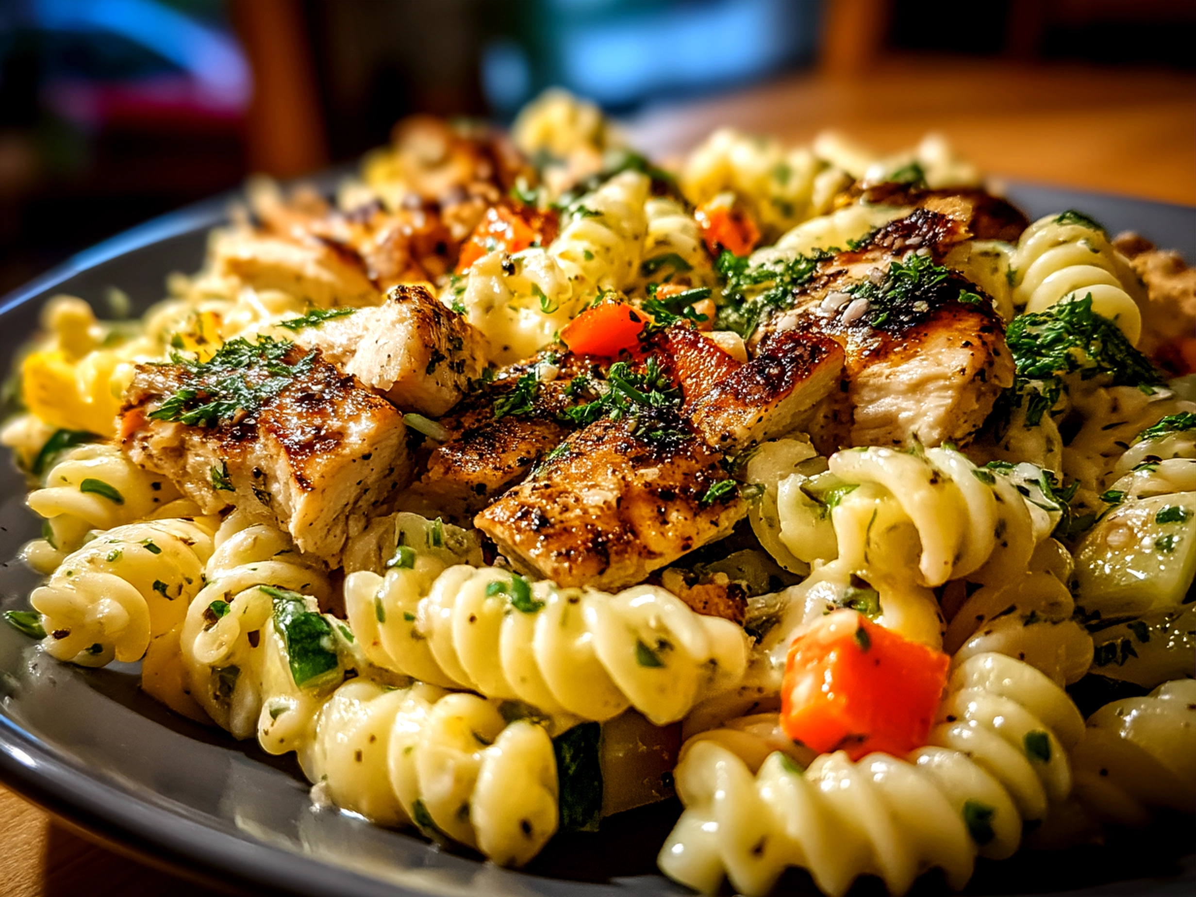 Final Protein Pasta Salad with Grilled Chicken ready to serve