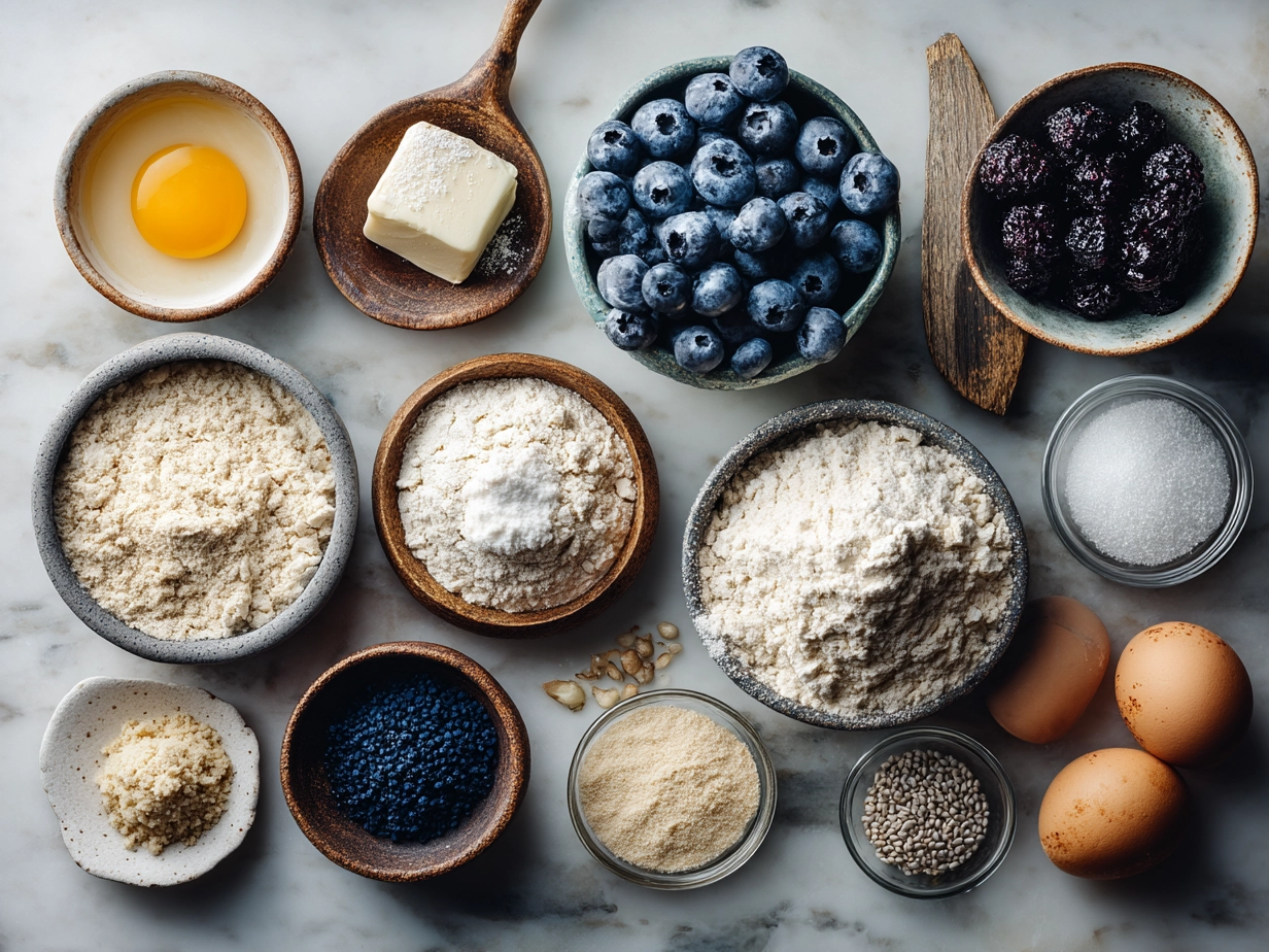 Raw ingredients for blueberry bagels laid out on marble surface