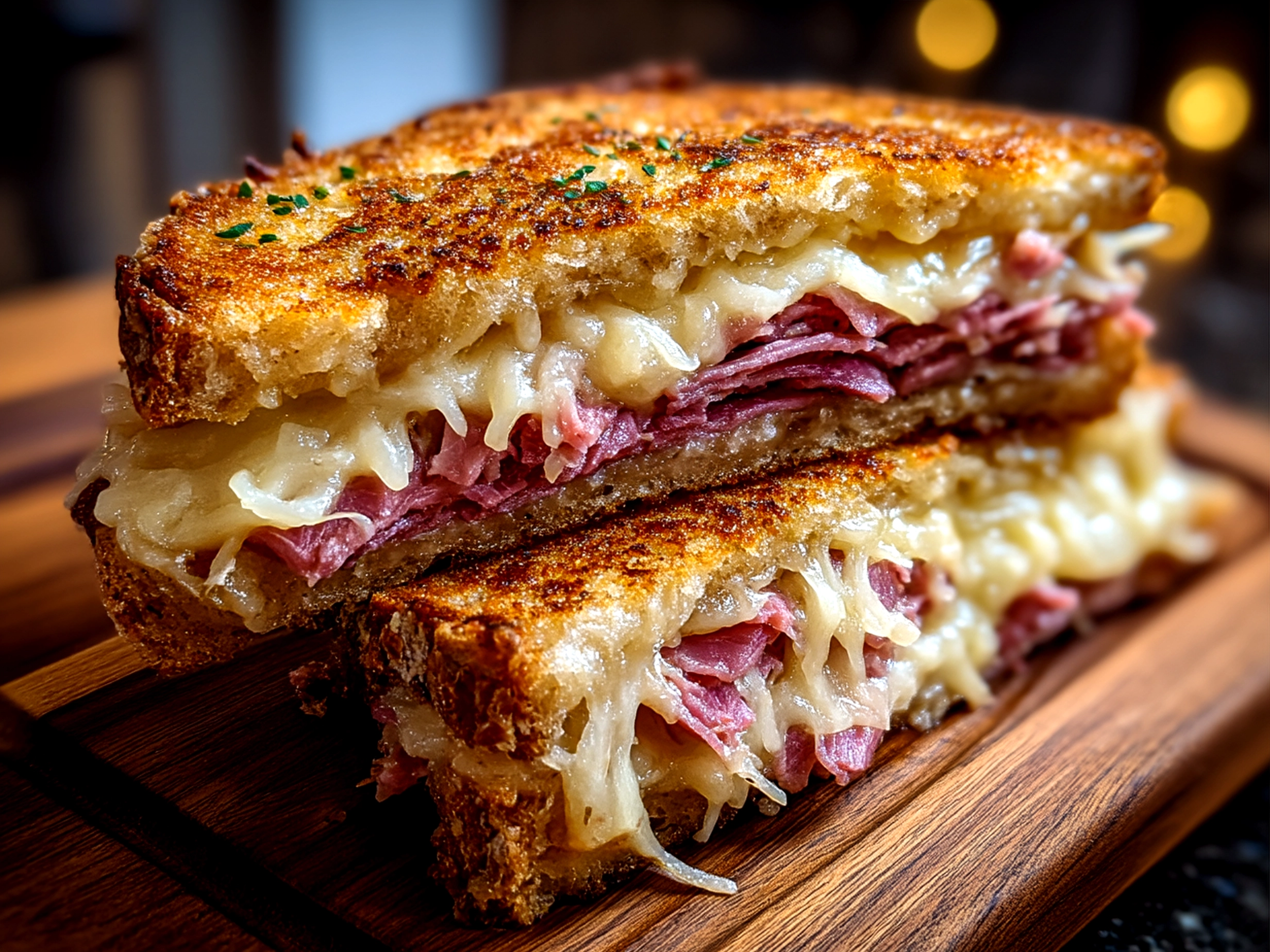Perfectly grilled Reuben Sandwich served with pickles and fries on a plate