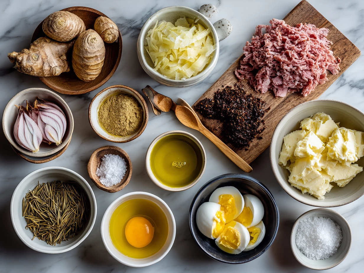 Ingredients for making a classic Reuben Sandwich including rye bread, corned beef, sauerkraut, Swiss cheese, Russian dressing, and butter