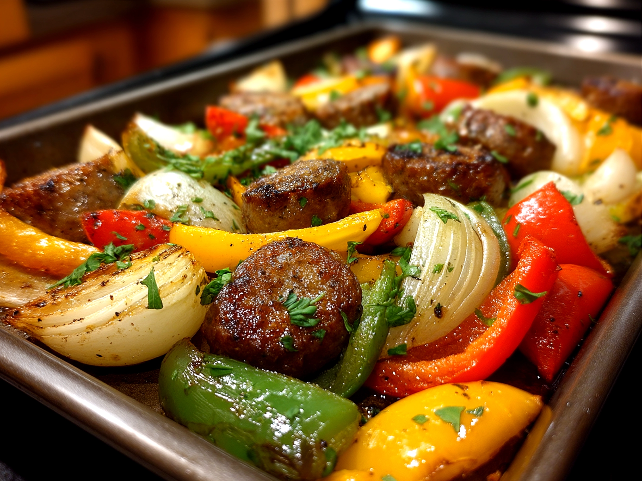 Plated Sheet-Pan Sausage Peppers Onions with crusty bread and balsamic glaze