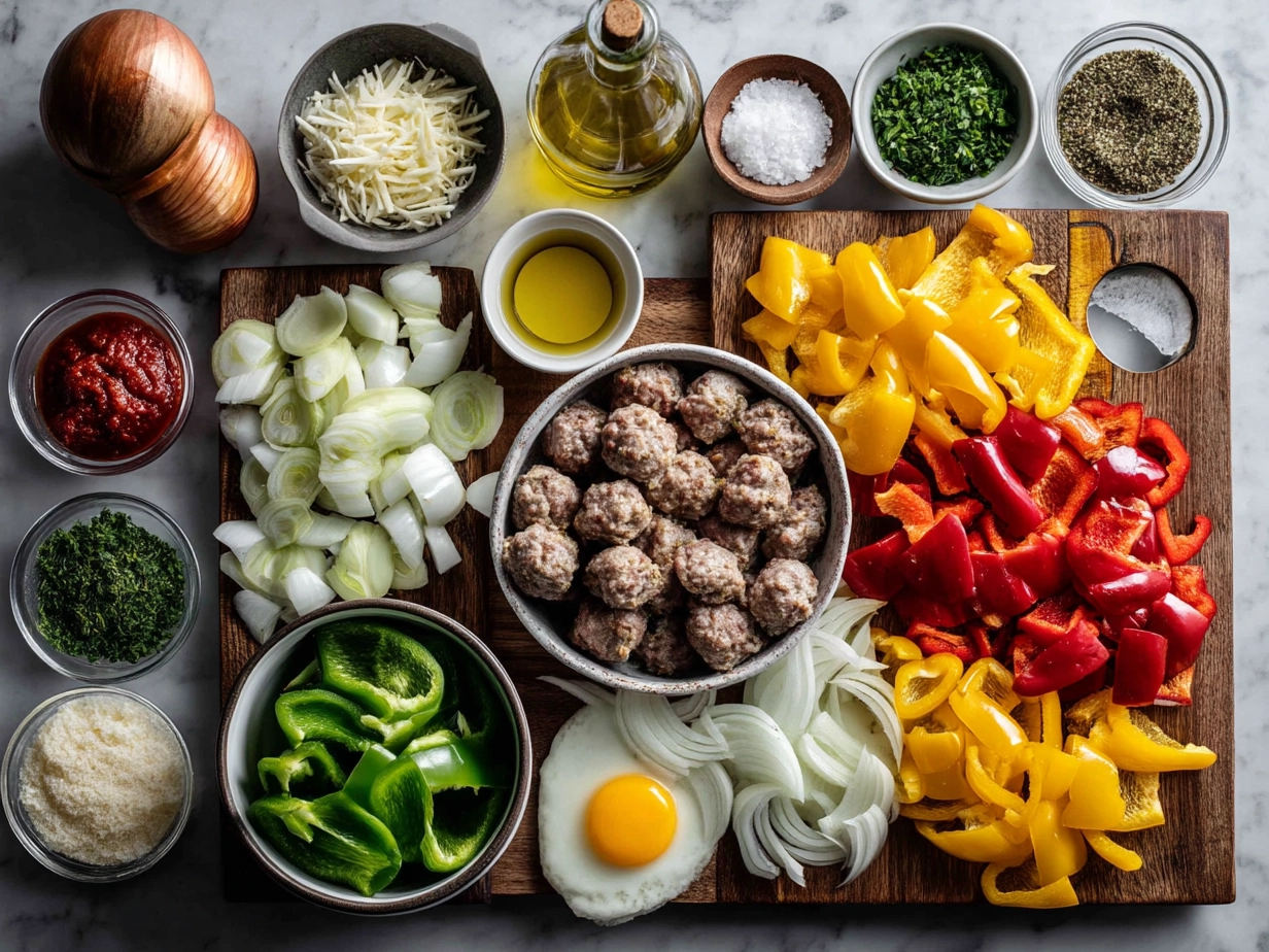Ingredients for Sheet-Pan Sausage Peppers Onions featuring sausages, bell peppers and onions