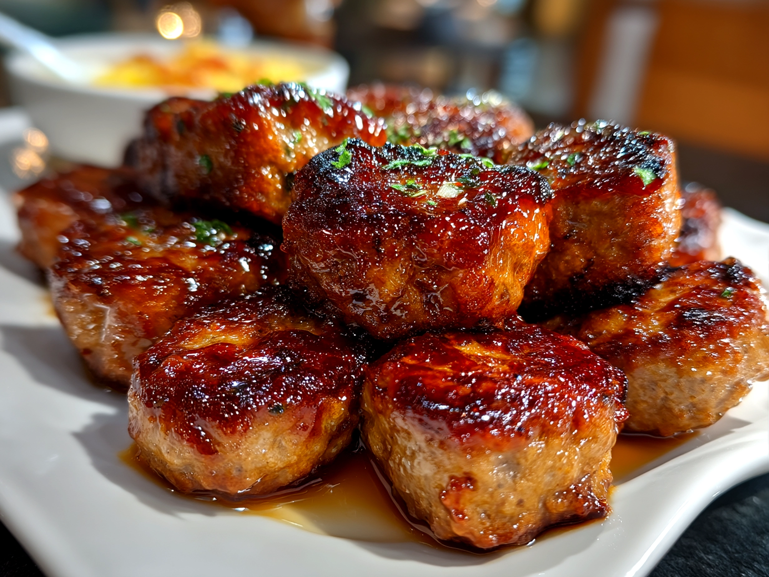 Slight angle close up of finished BBQ Sausage Bites on a platter ready to serve