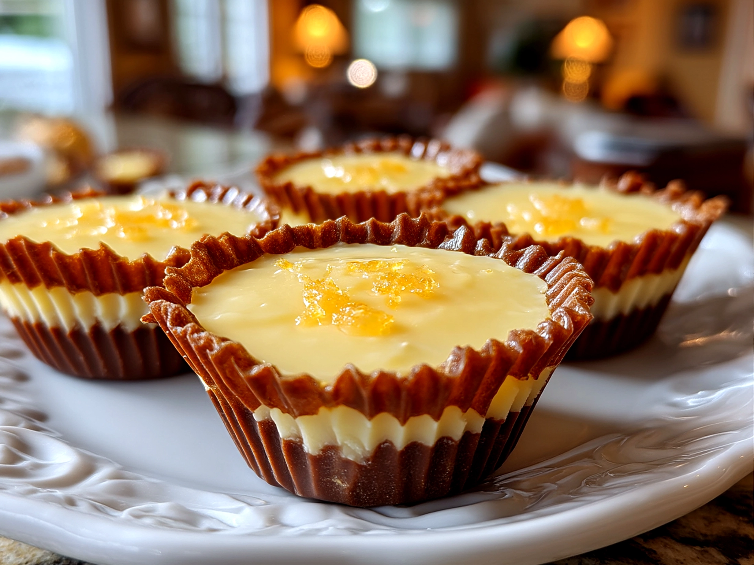 Slight angle close up of finished beautiful white chocolate peanut butter cups