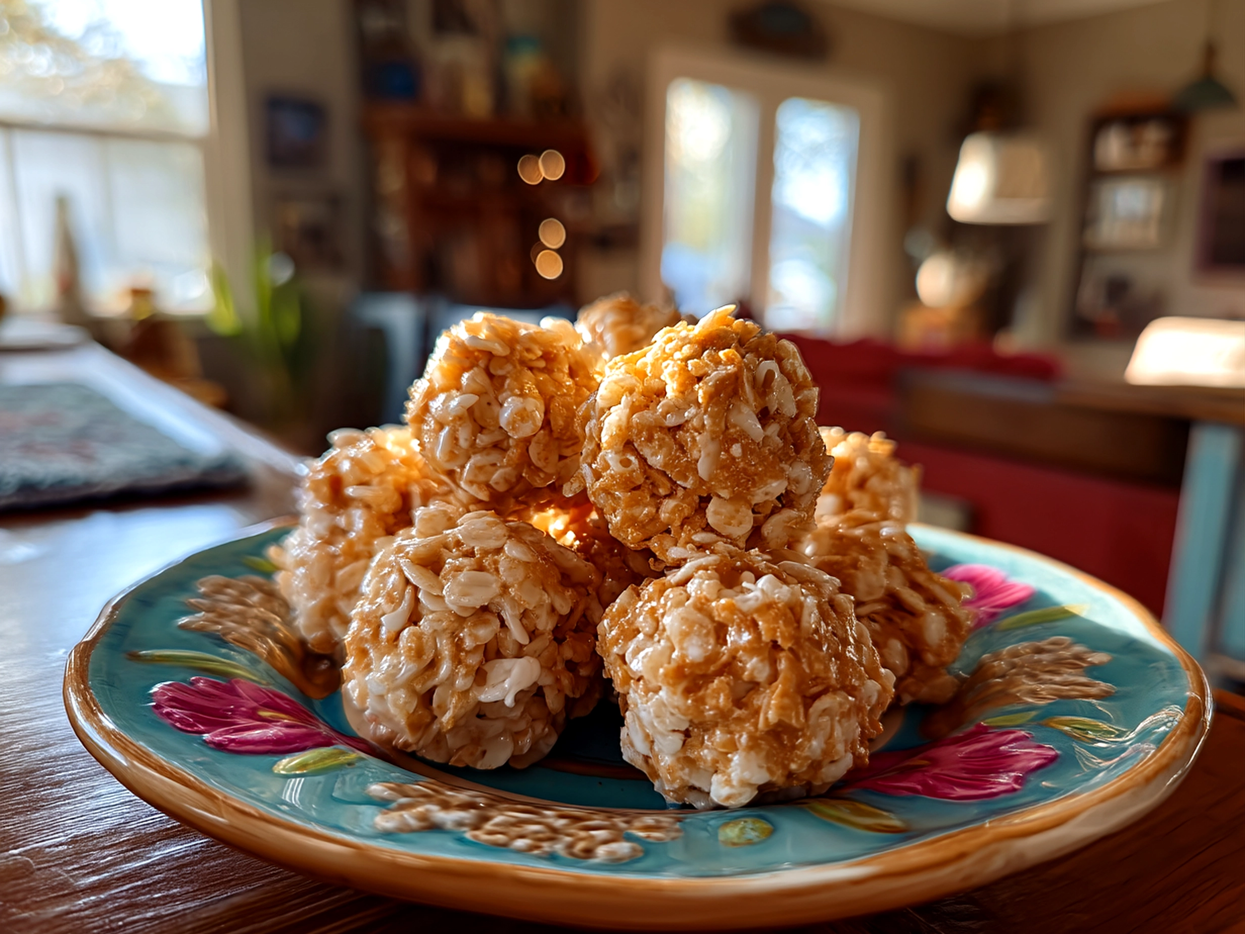 Slight angle close-up of finished comforting Peanut Butter Balls with Rice Krispies
