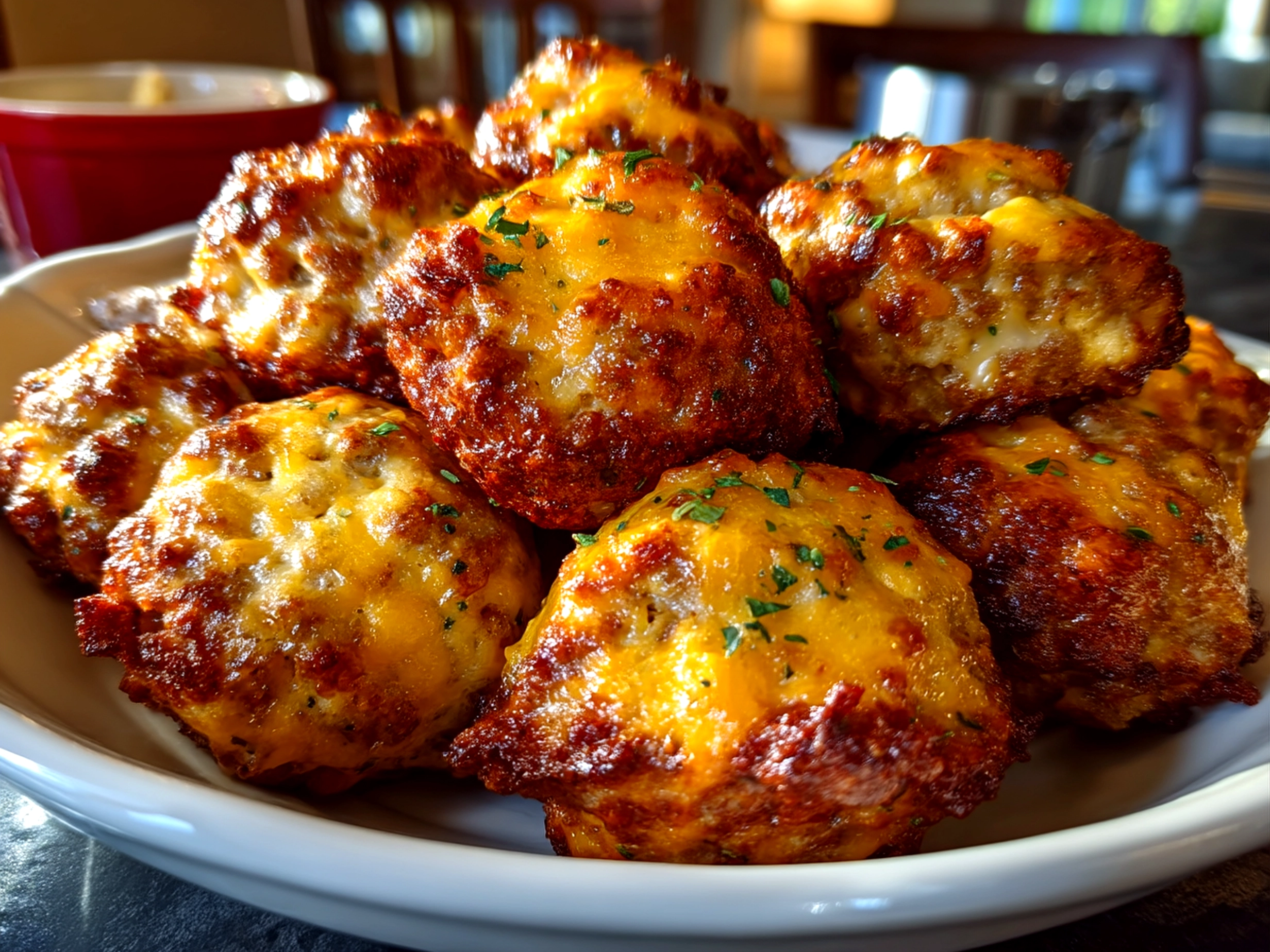 Slight angle close up of finished delicious Cheddar Bay Sausage Balls