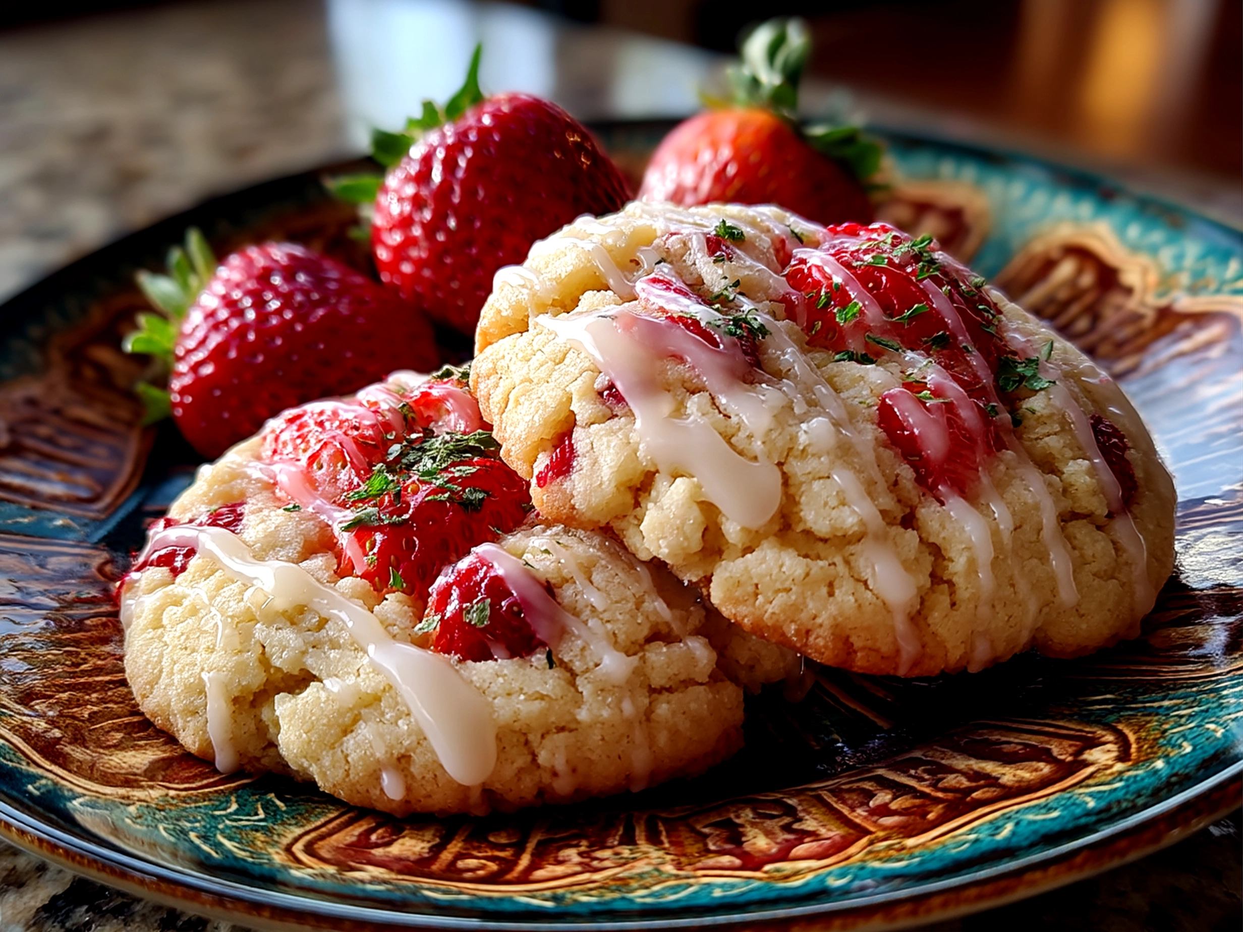 Slight angle close up of finished delicious strawberry lemonade cookie