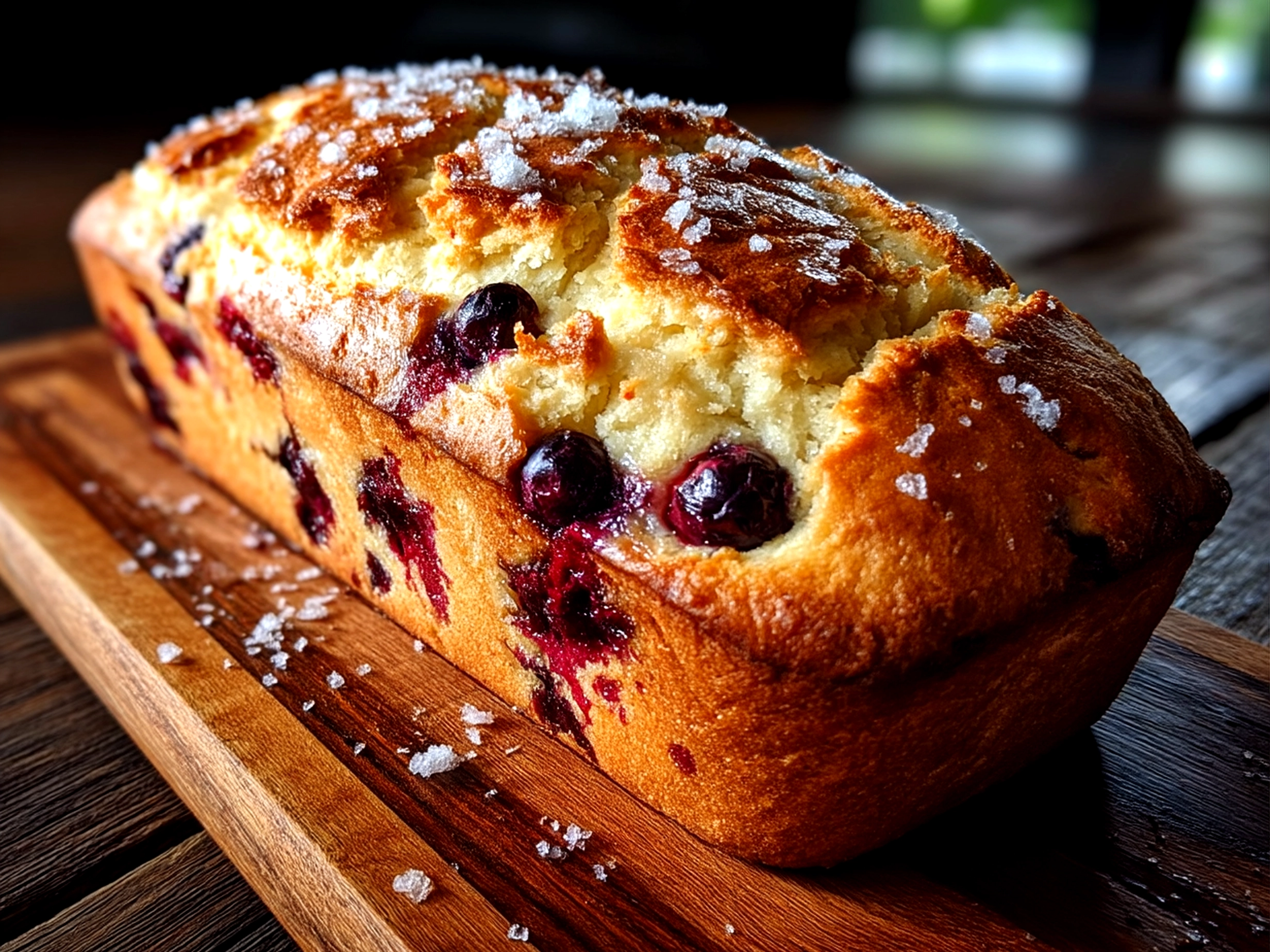 Slight angle close up finished sourdough discard blueberry bread loaf