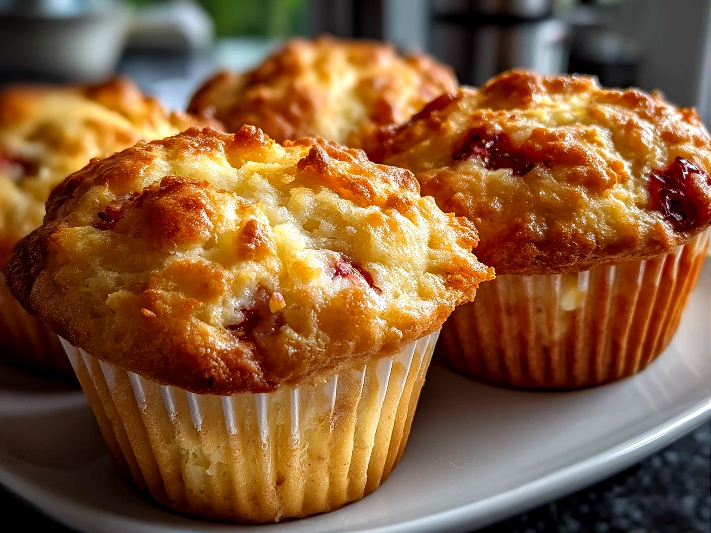 Close-up of finished Strawberry Cream Cheese Muffins with cream cheese filling and fresh strawberry slices on top