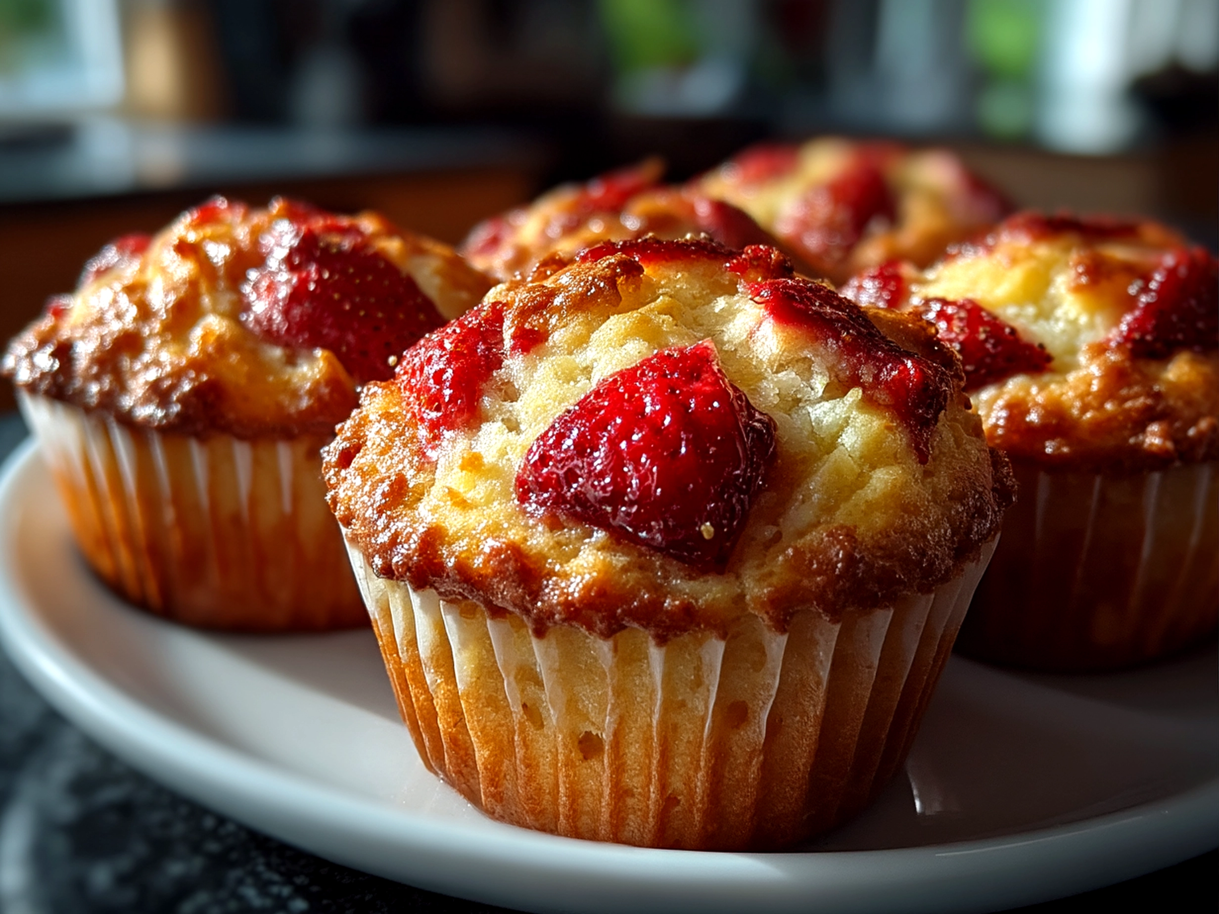 Close-up of finished strawberry muffins with fresh strawberry garnish