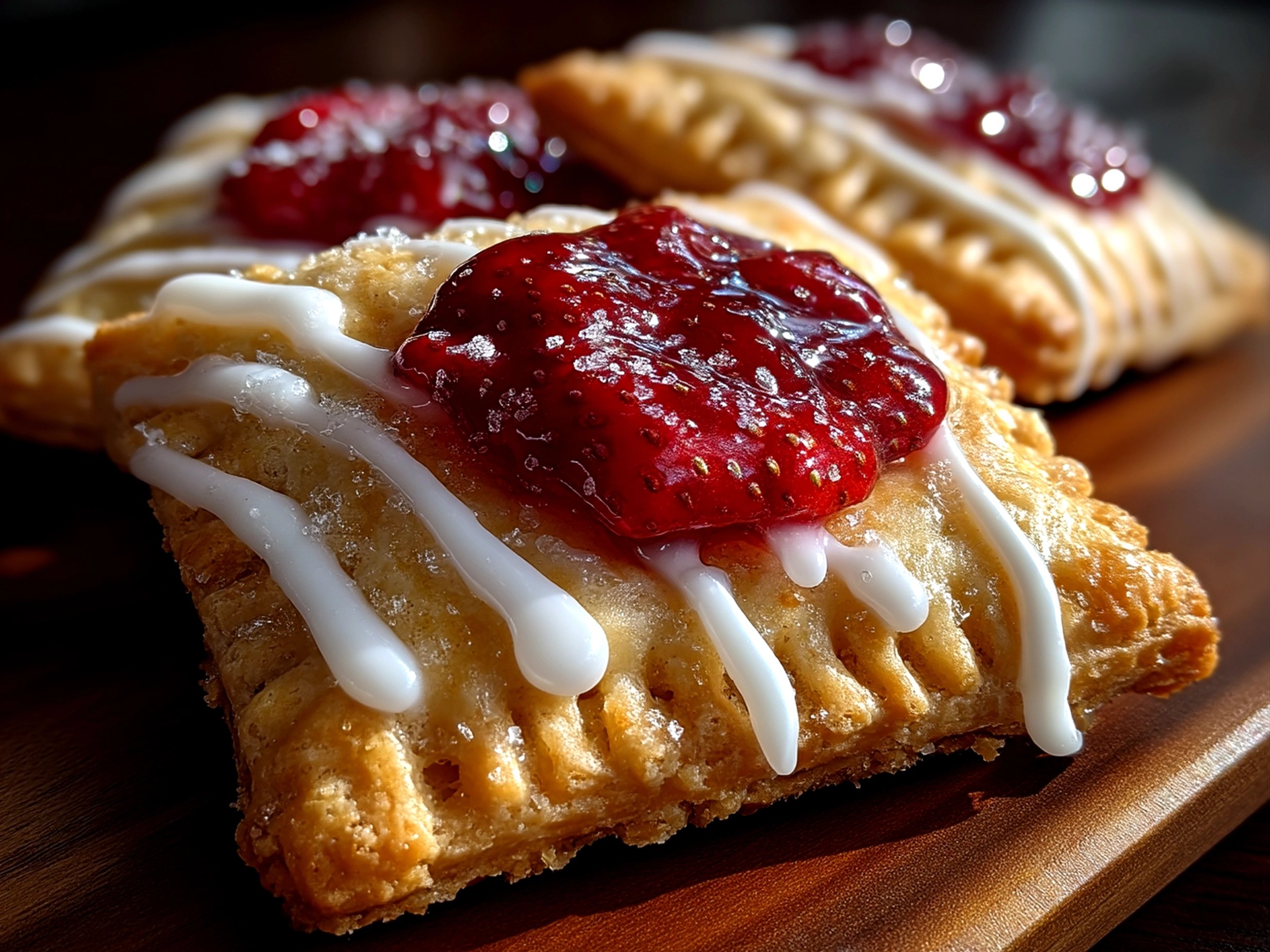 Slight angle close up finished strawberry pop tart cookies