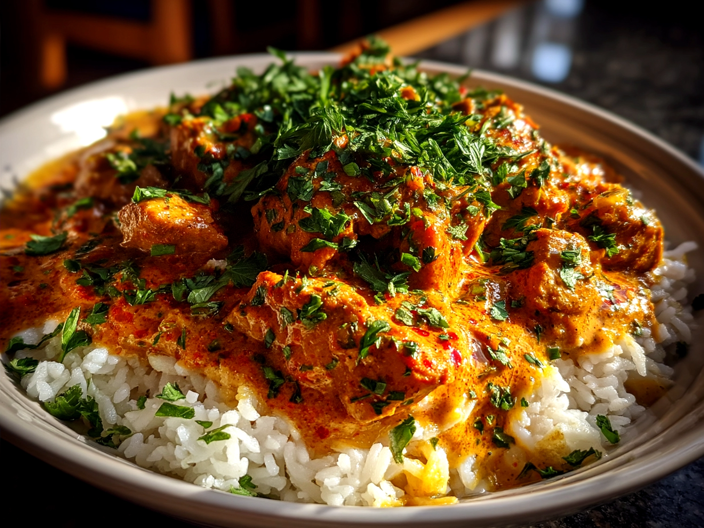 Slow Cooker Chicken Tikka Masala served with rice and naan