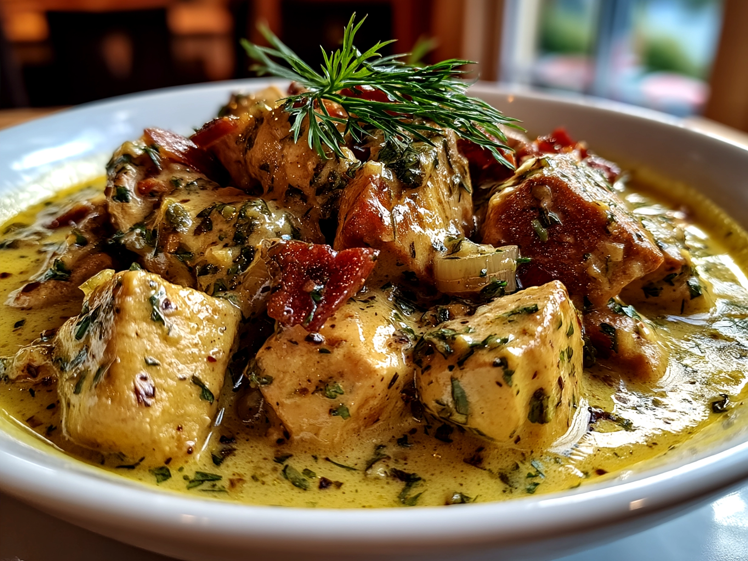 Plated Slow Cooker Creamy Lemon Herb Chicken served with sides