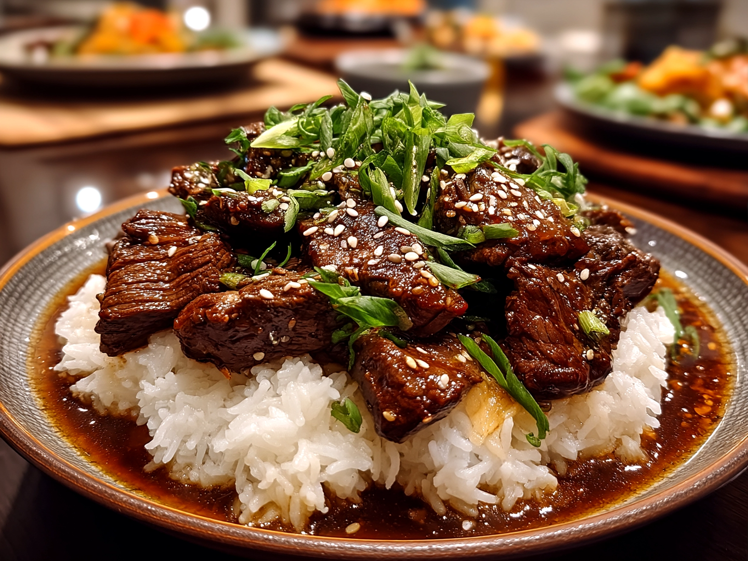 Served Slow Cooker Korean Beef garnished with green onions