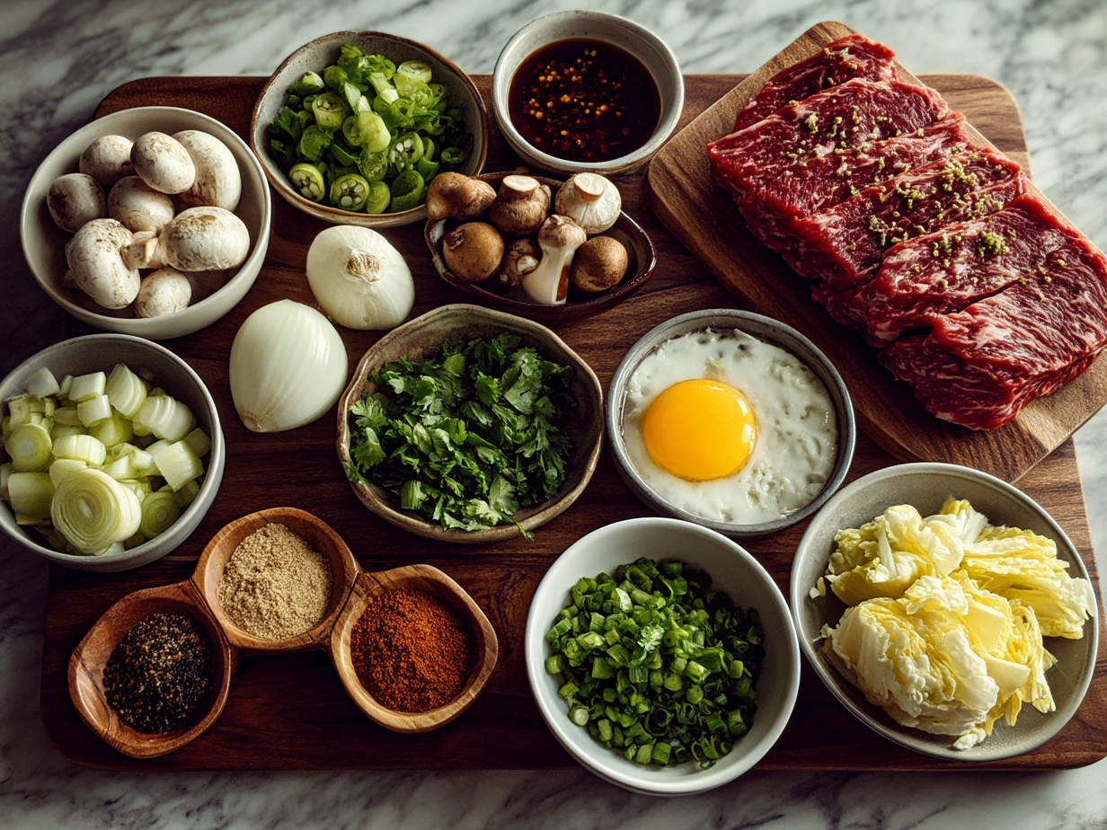 Ingredients for Slow Cooker Korean Beef including soy sauce, garlic, ginger, beef shoulder, and seasonings
