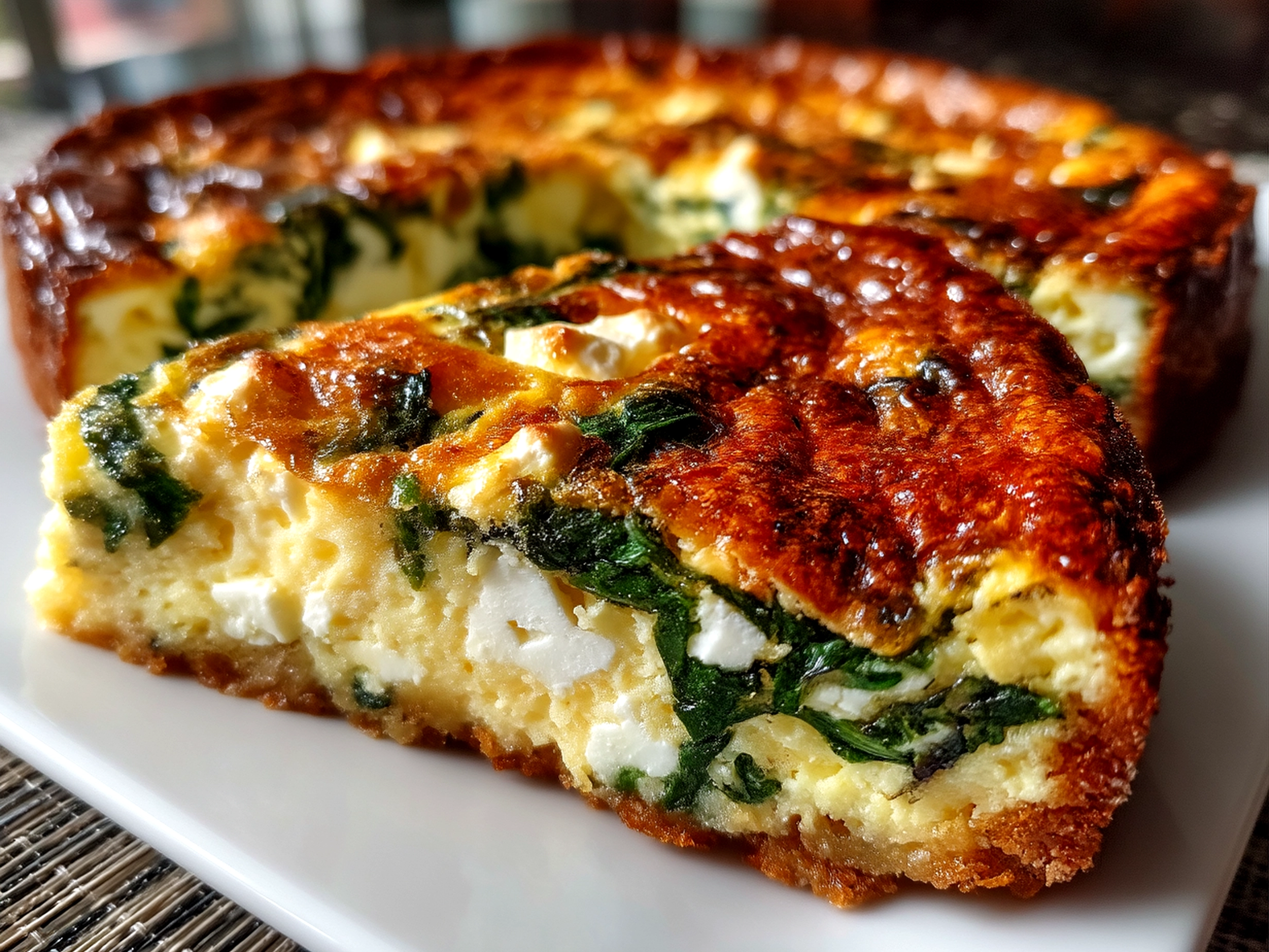 Serving Spinach Feta Breakfast Quiche slice ready to eat