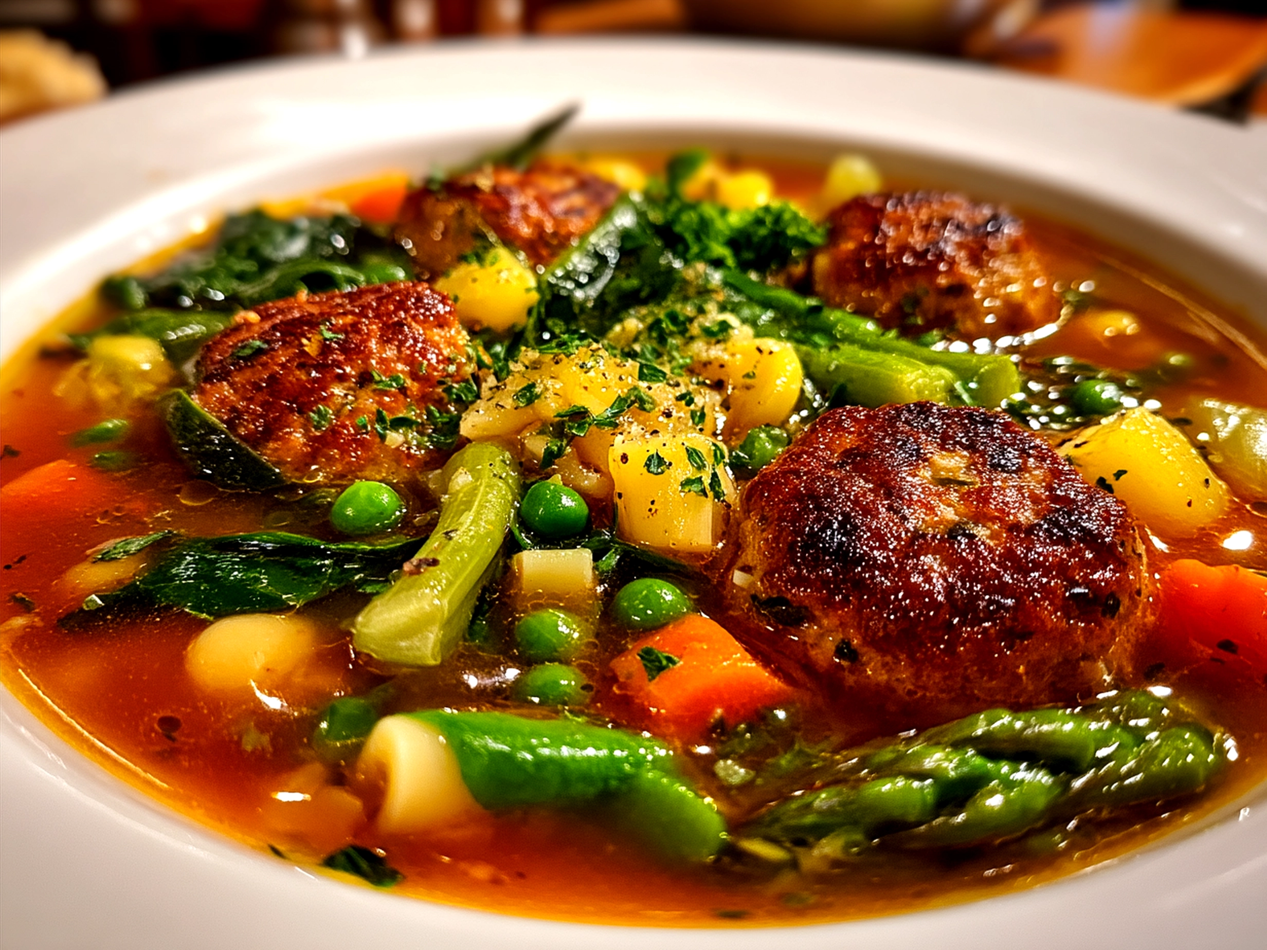 Serving of Spring Minestrone with Chicken Meatballs, a colorful soup with fresh vegetables and herbs