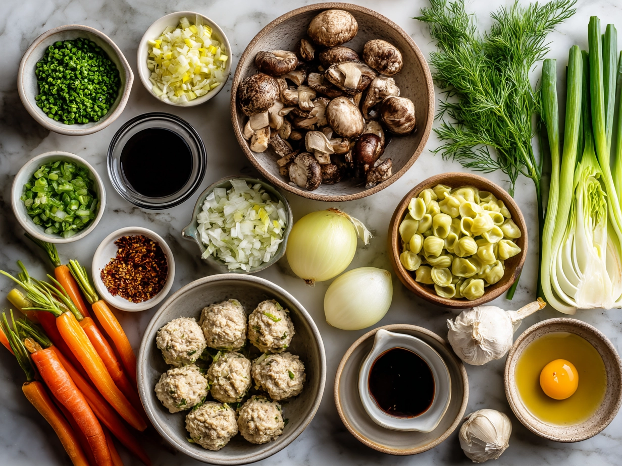 Ingredients for Spring Minestrone with Chicken Meatballs, featuring fresh herbs, vegetables and ground chicken