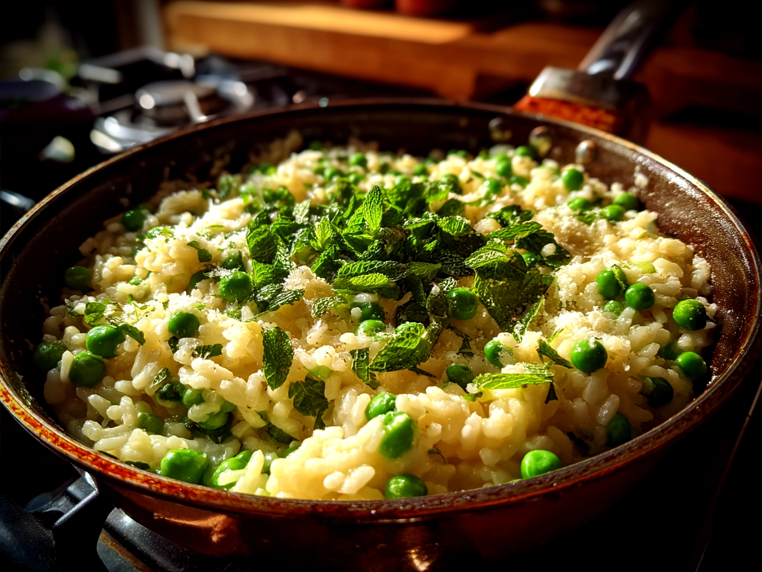 Creamy Spring Pea Mint Risotto served in a bowl with garnish