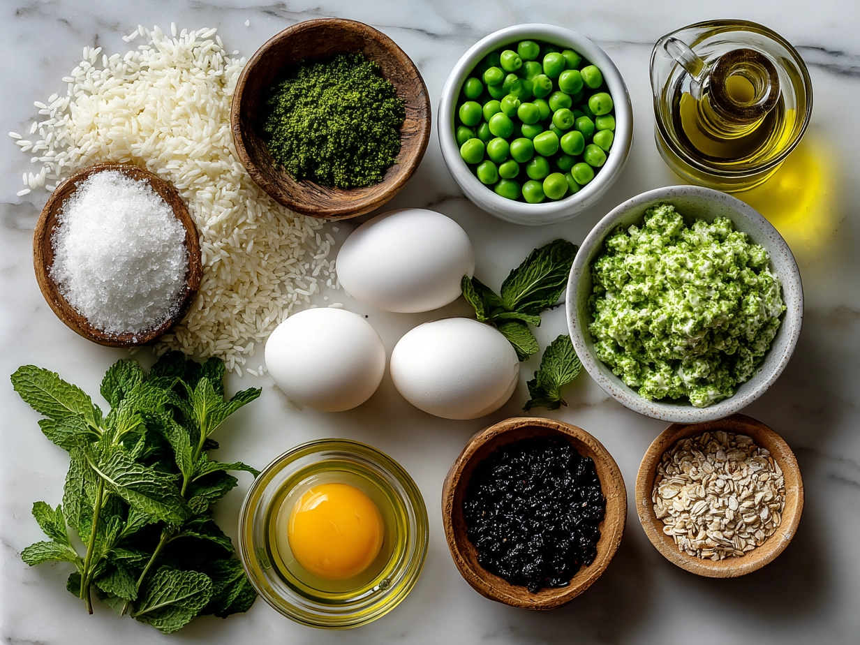 Ingredients for Spring Pea Mint Risotto laid out on a table